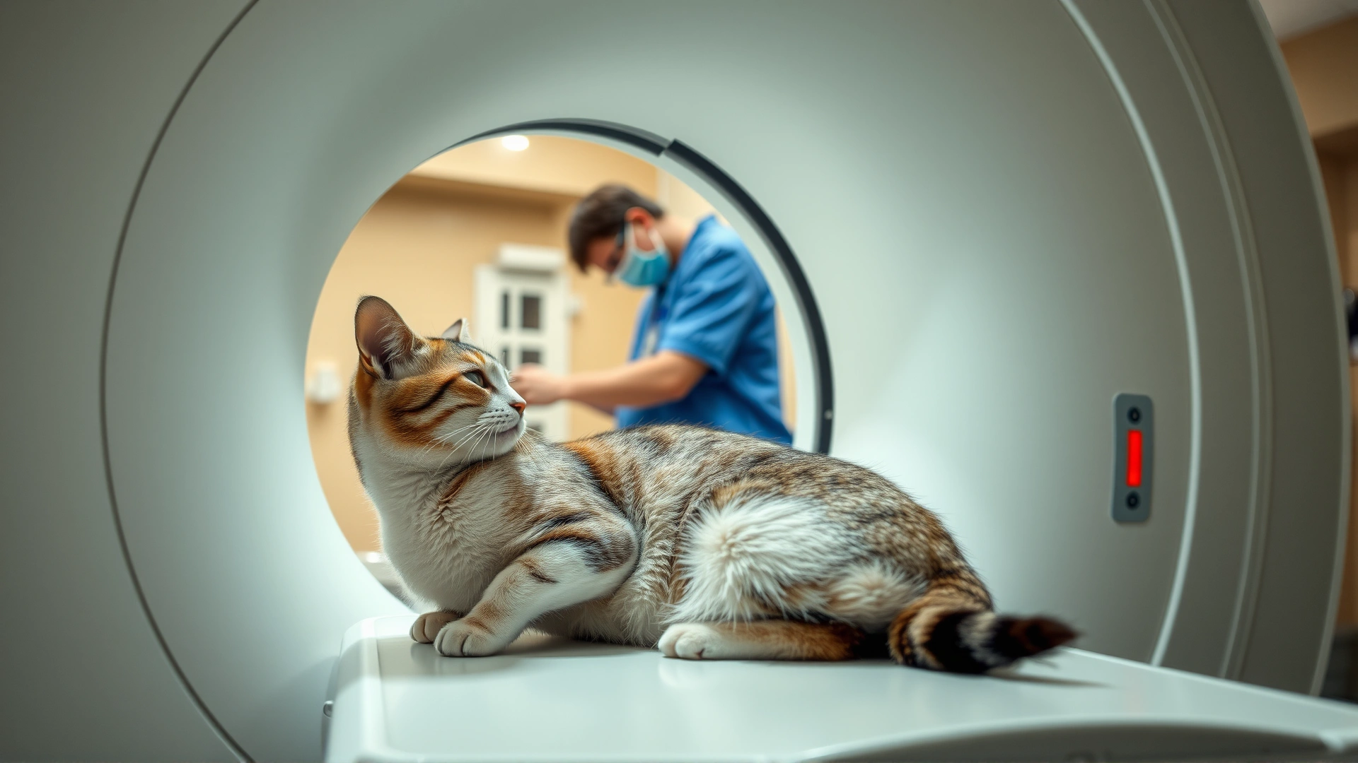 Side view of a domestic cat comfortably positioned inside an MRI scanner, technician adjusting controls in the background, clinical setting, no text.