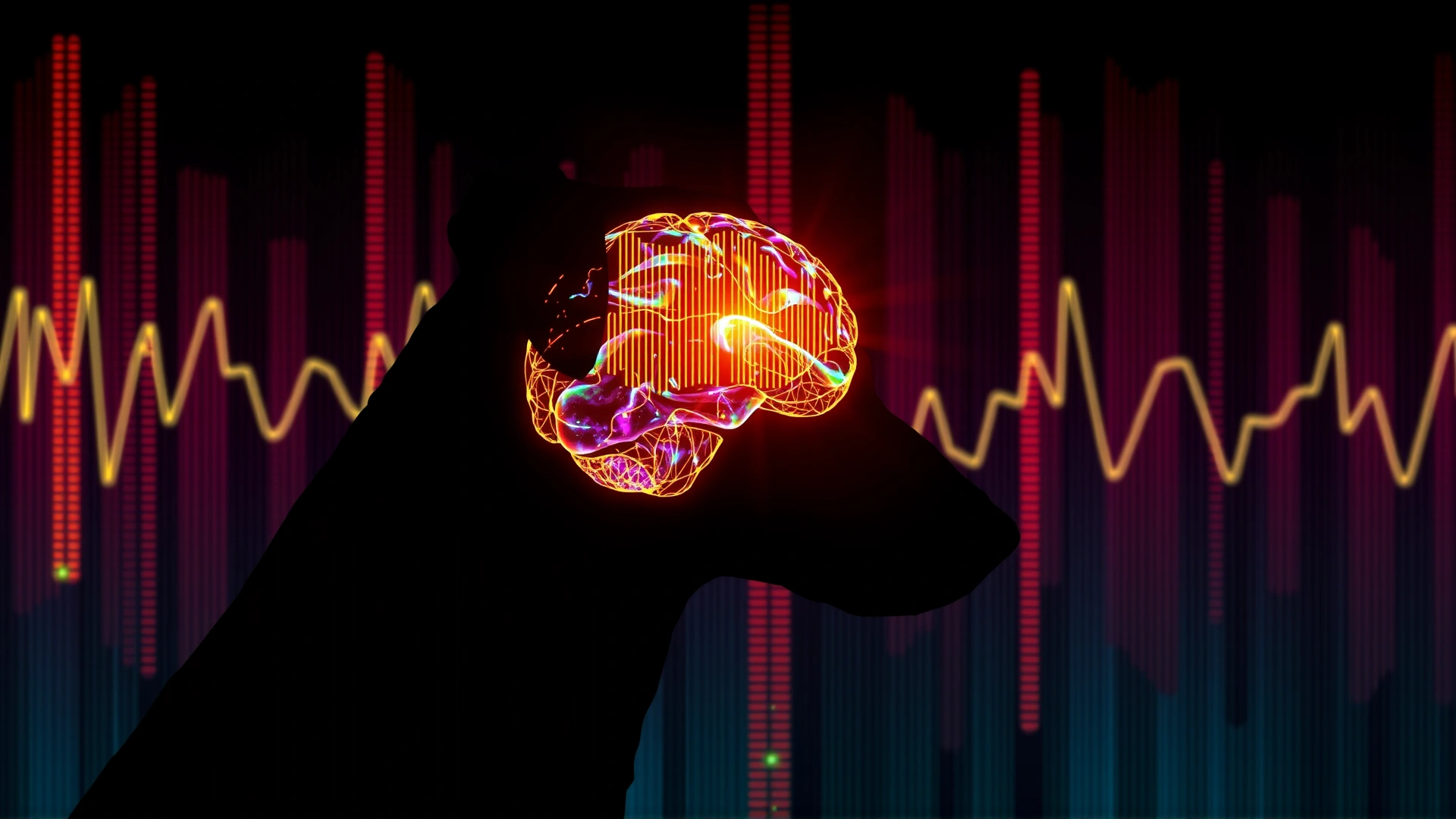 Abstract conceptual image showing a silhouette of a dog head overlaid with colorful EEG brain wave patterns, symbolizing scientific study of canine dreams