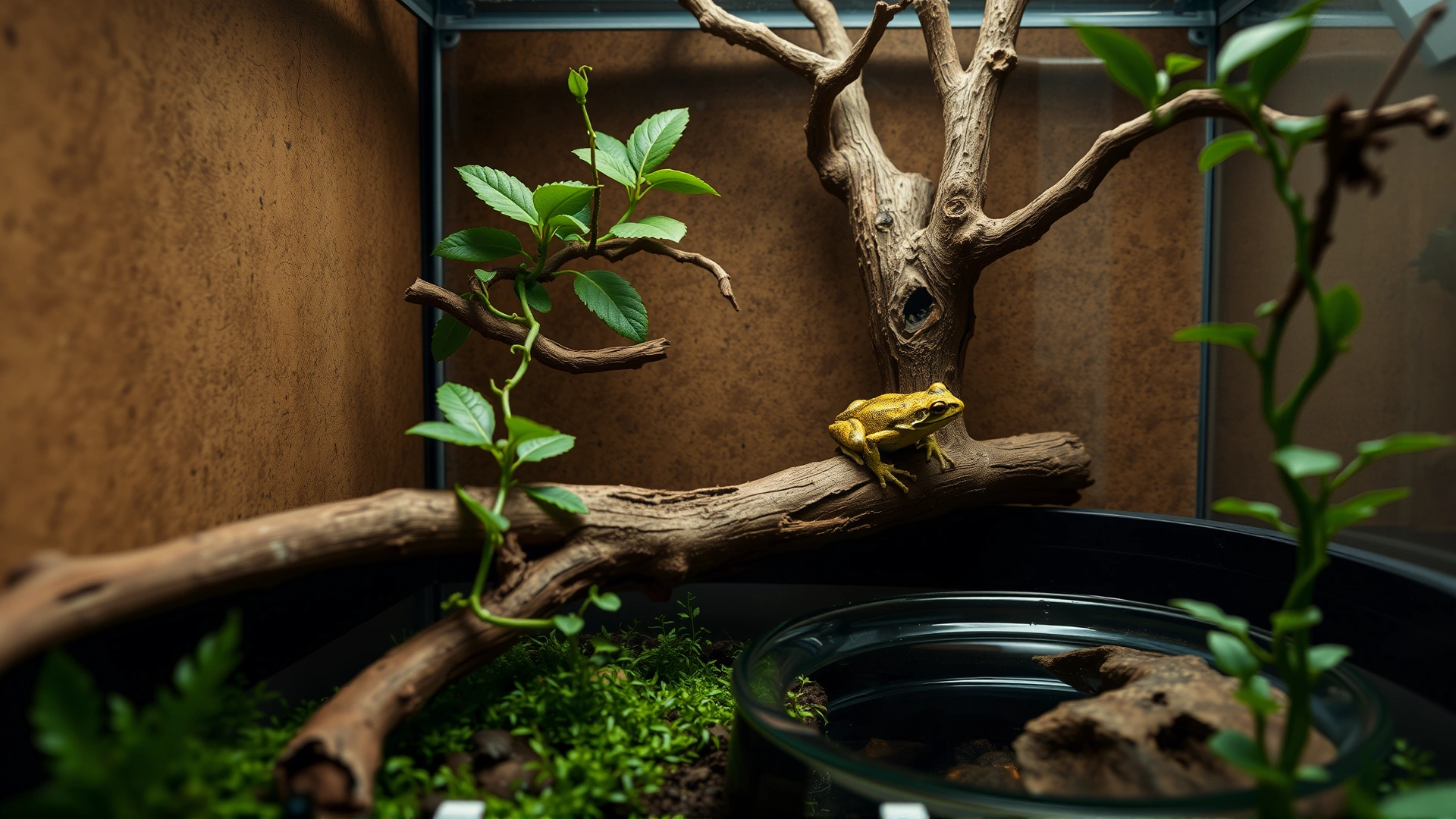 Interior of a frog terrarium showing cork bark branches, suction-cup vines, and a shallow water bowl from a side angle