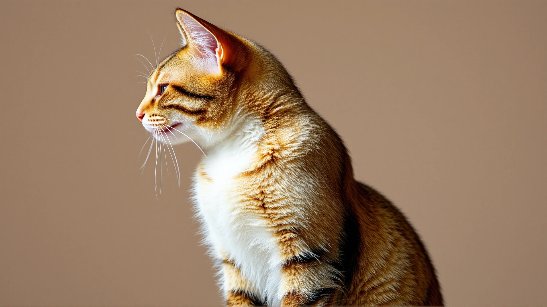 Side view of a domestic cat sitting upright with chest visibly moving rapidly, background softly blurred, illustrating labored breathing