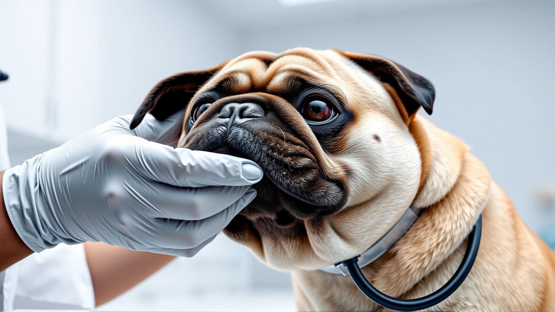 Veterinarian in a modern clinic gently examining the nostrils of a Pug with a stethoscope around their neck, emphasizing airway health.