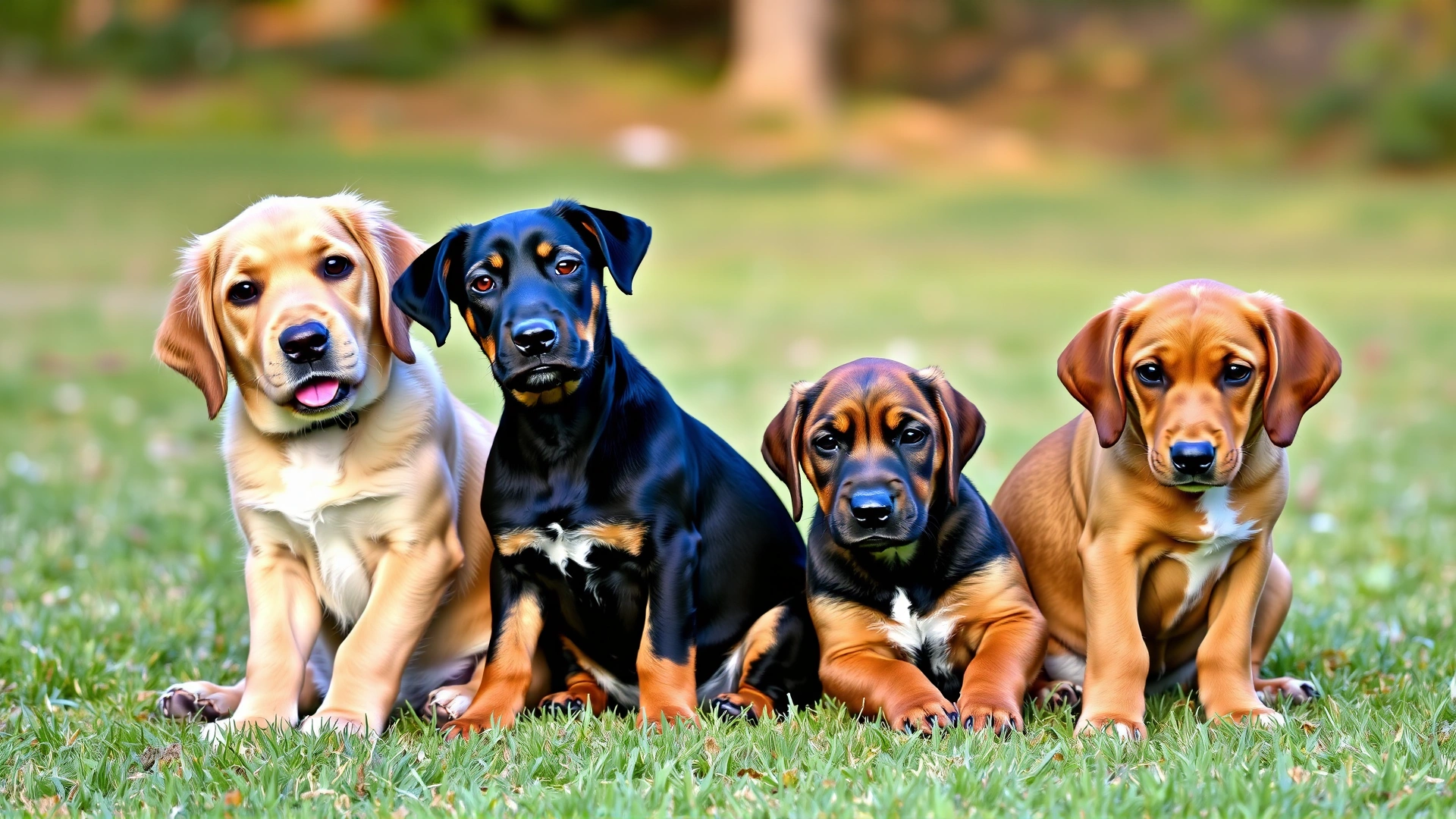 Group portrait of four puppies from different breeds (Golden Retriever, Dachshund, Boxer, Gordon Setter) sitting together, captured outdoors on grass.