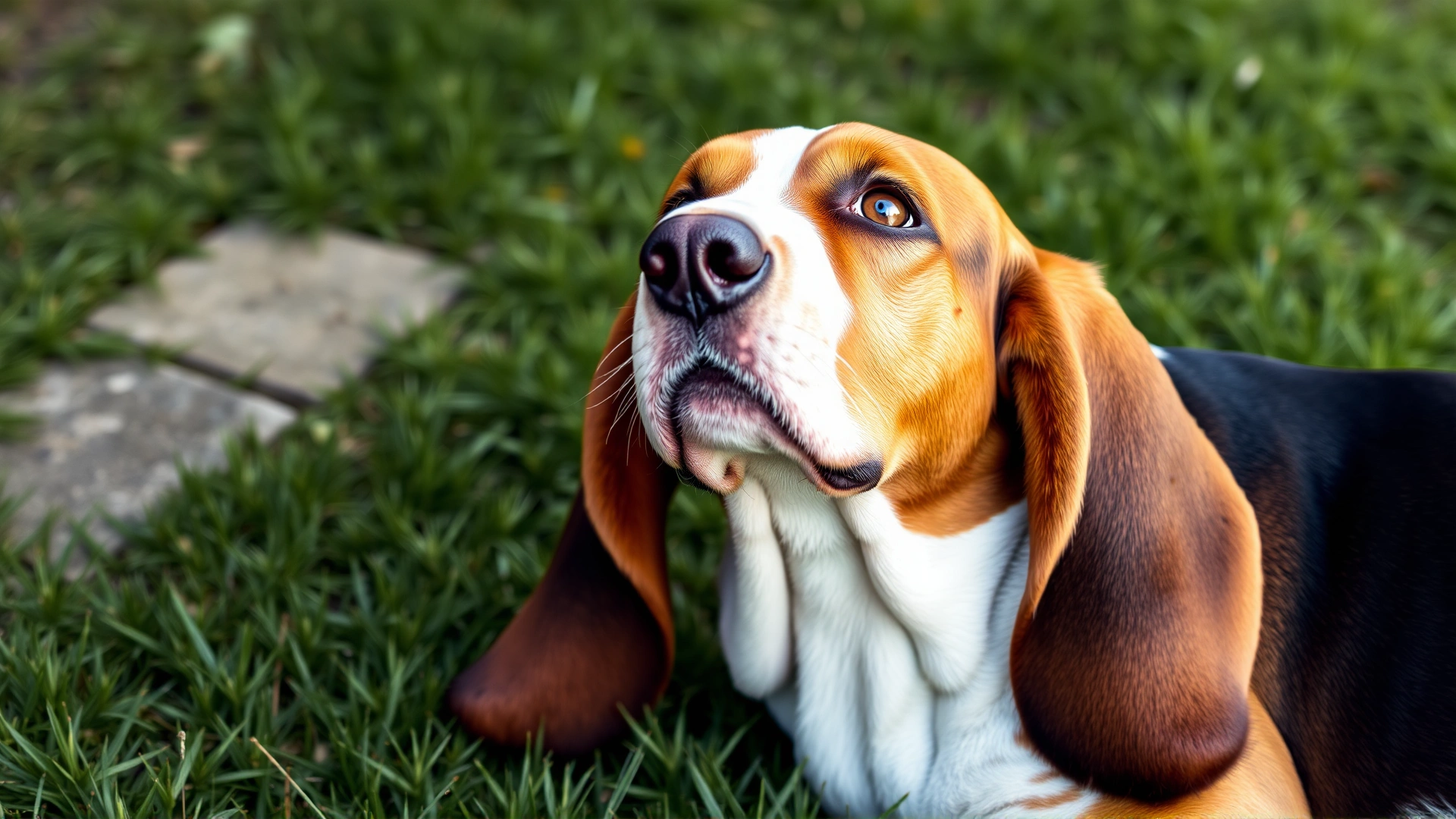 A Basset Hound lying on green grass with its long ears spread out on either side, looking up with calm brown eyes.