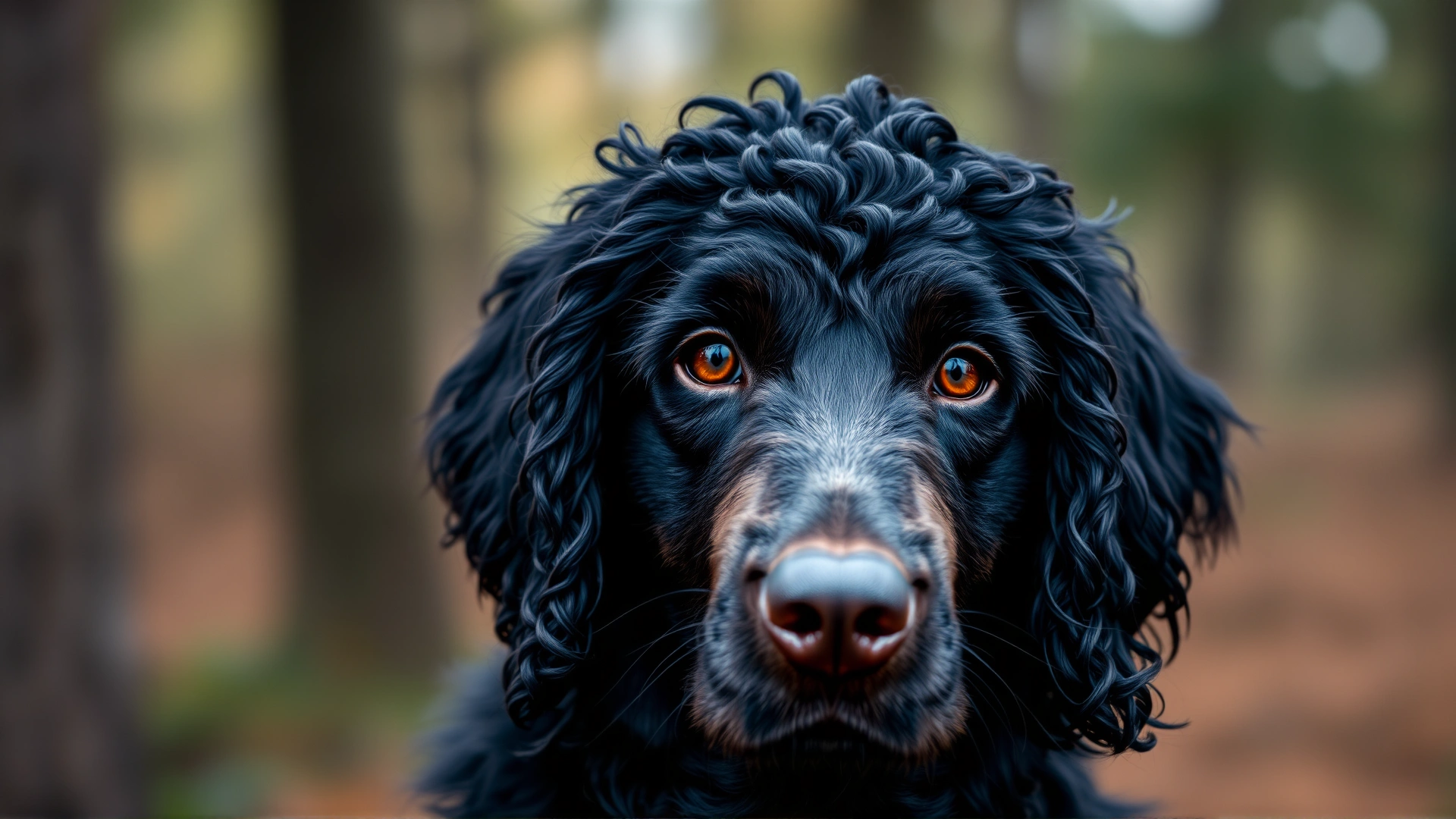 Close-up portrait of a Curly-Coated Retriever with tight black curls and alert amber eyes against a softly blurred forest background.