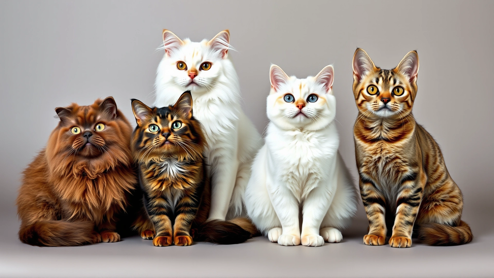 Collage-style image showing five different flat-faced cat breeds (Persian, Himalayan, Exotic Shorthair, British Shorthair, Selkirk Rex) sitting side by side against a neutral backdrop, studio lighting, high resolution.