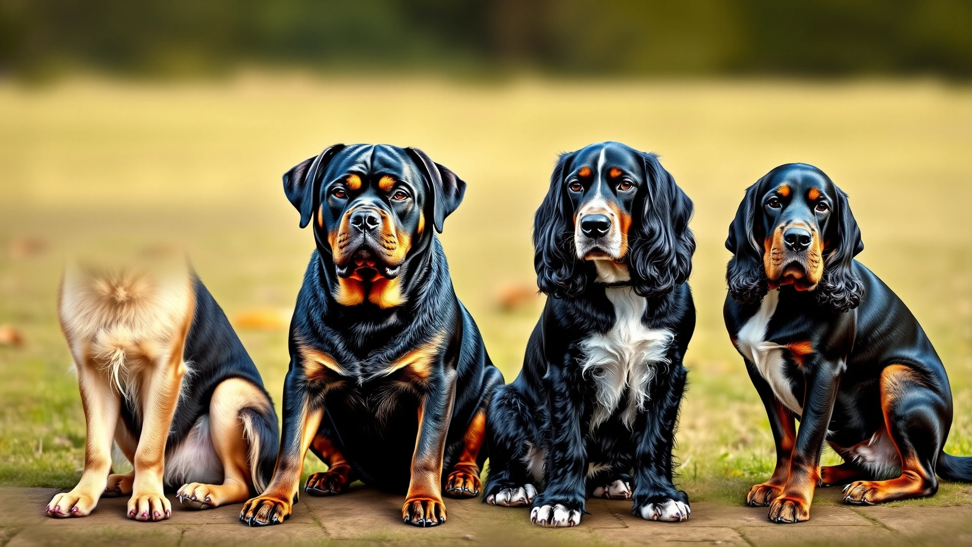 Collage-style image featuring German Shepherd, Rottweiler, English Springer Spaniel, and Gordon Setter sitting outdoors together, highlighting breeds predisposed to the condition.