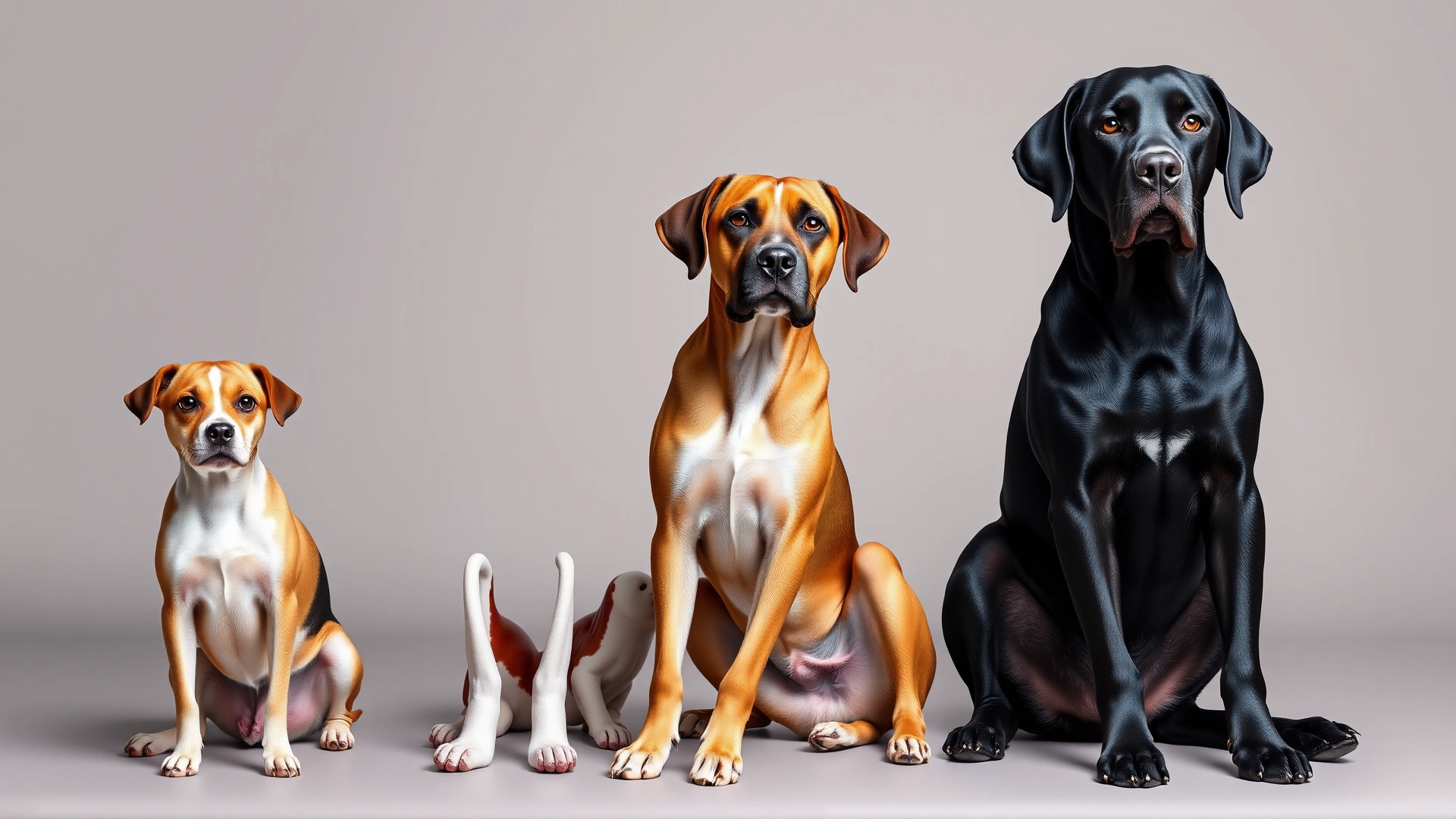 Line-up of four dogs of distinct sizes (Chihuahua, Beagle, Labrador, Great Dane) sitting side by side against a neutral background