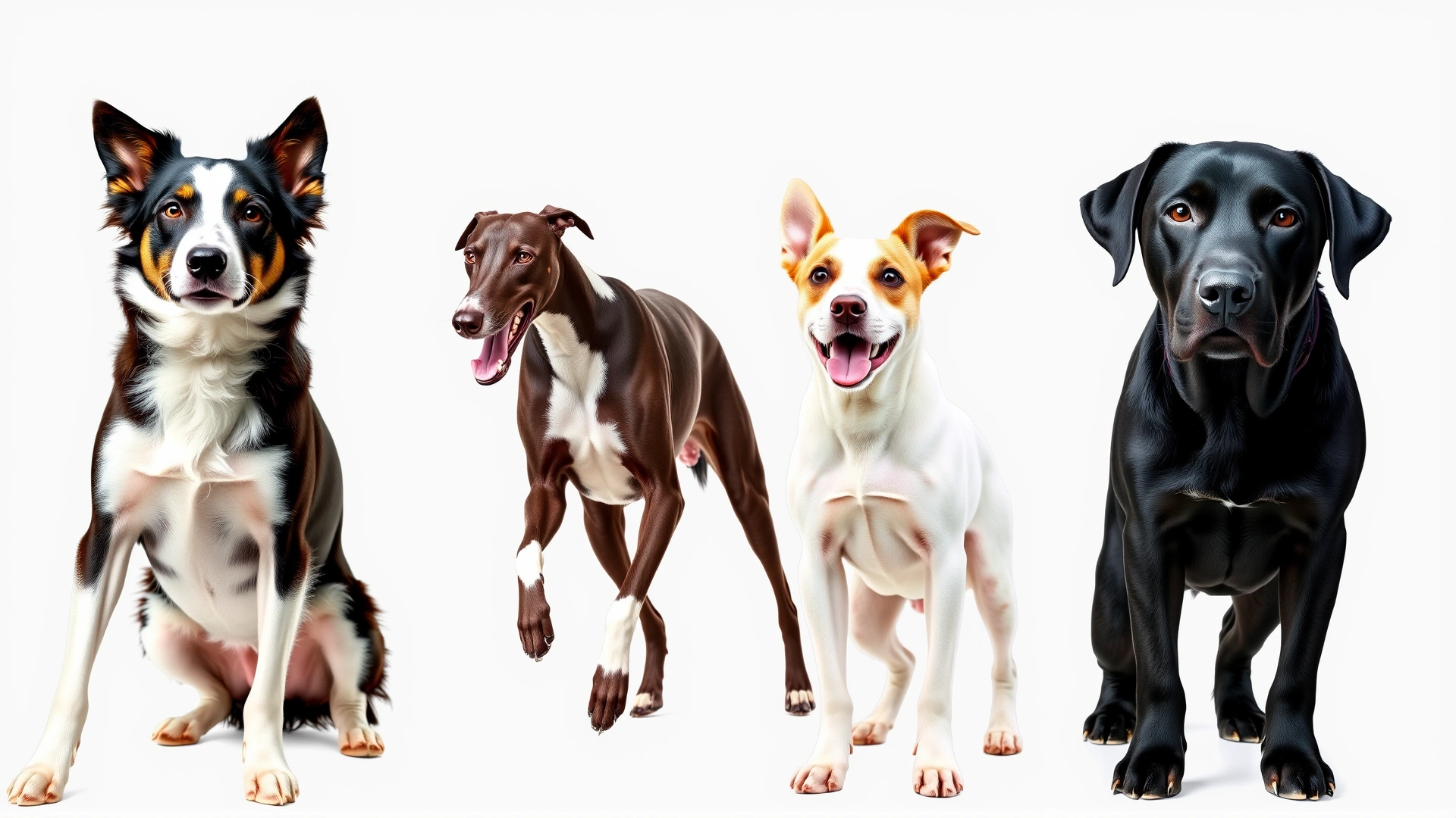 Collage-style image showing four dog breeds (Border Collie, Greyhound, Jack Russell Terrier, Labrador Retriever) in action poses, clean neutral background, no text