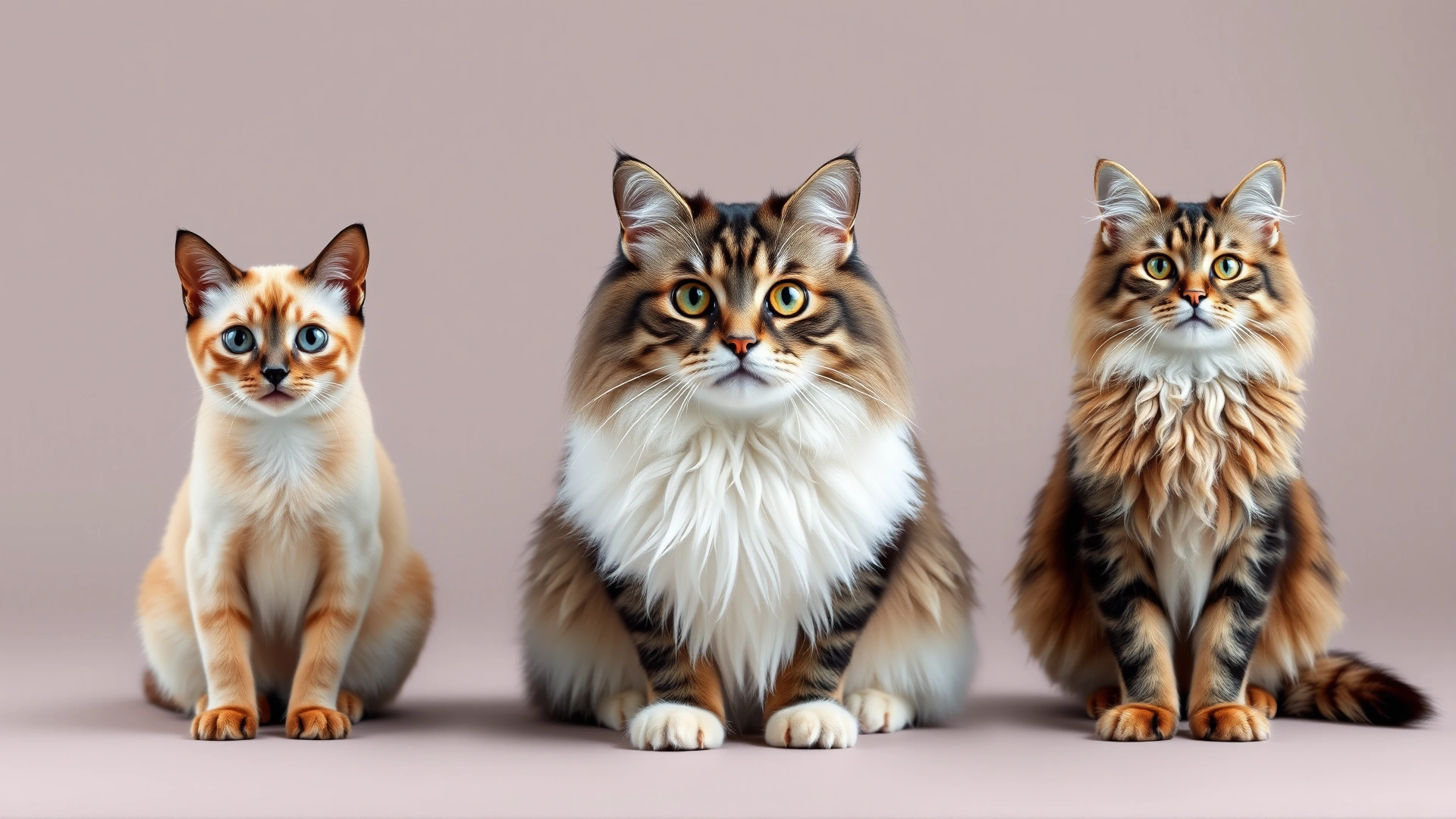 Side-by-side studio photograph of a Siamese cat, a Persian cat, and a Maine Coon cat, each sitting facing forward against a neutral background, well-lit, high resolution