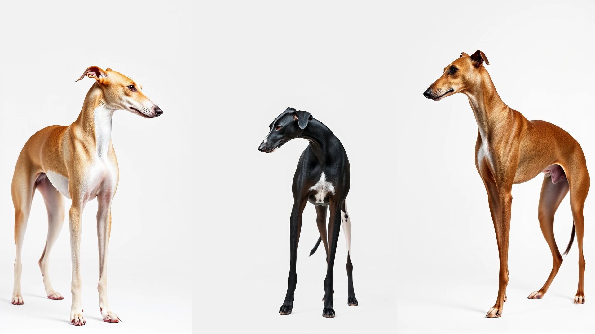 Side-by-side composite image of an Italian Greyhound, a Whippet, and a Greyhound standing in profile against a white seamless background for size comparison