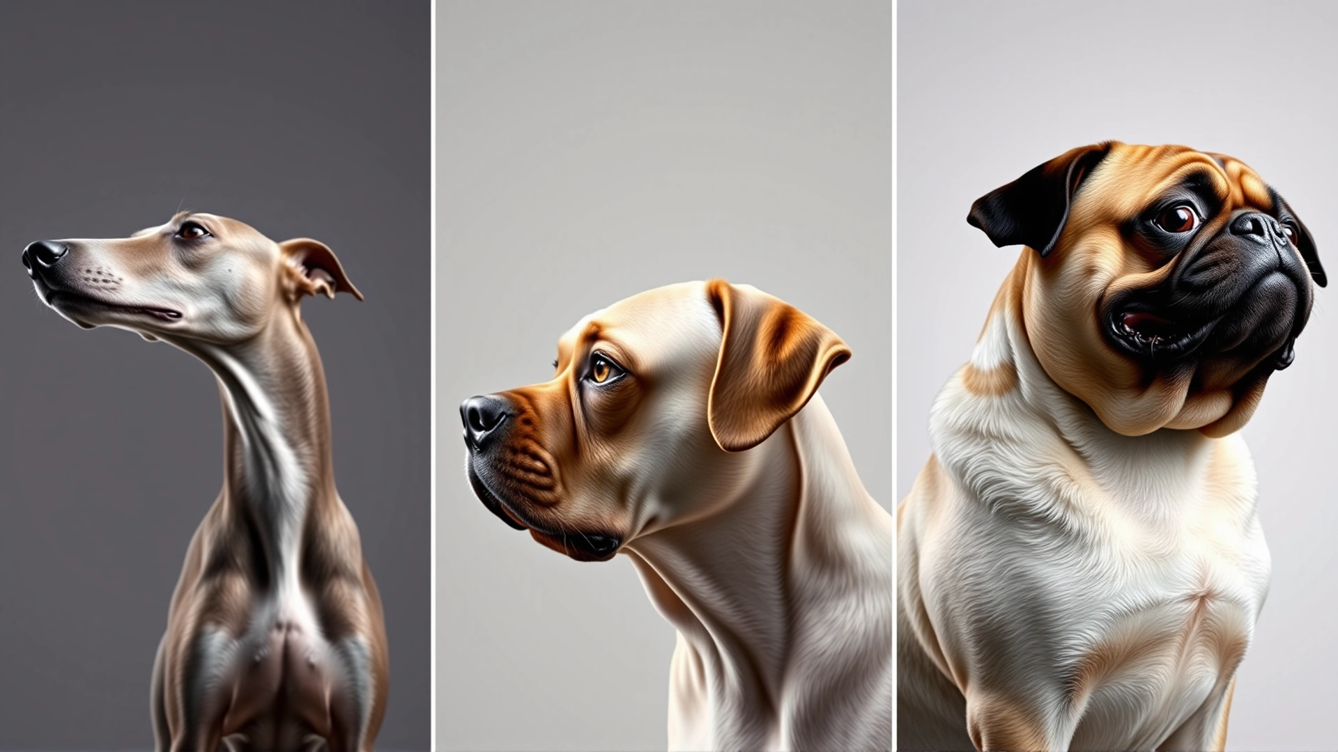 Side-by-side profile portraits of a Greyhound, a Labrador Retriever, and a Pug against a neutral background, studio lighting, no text