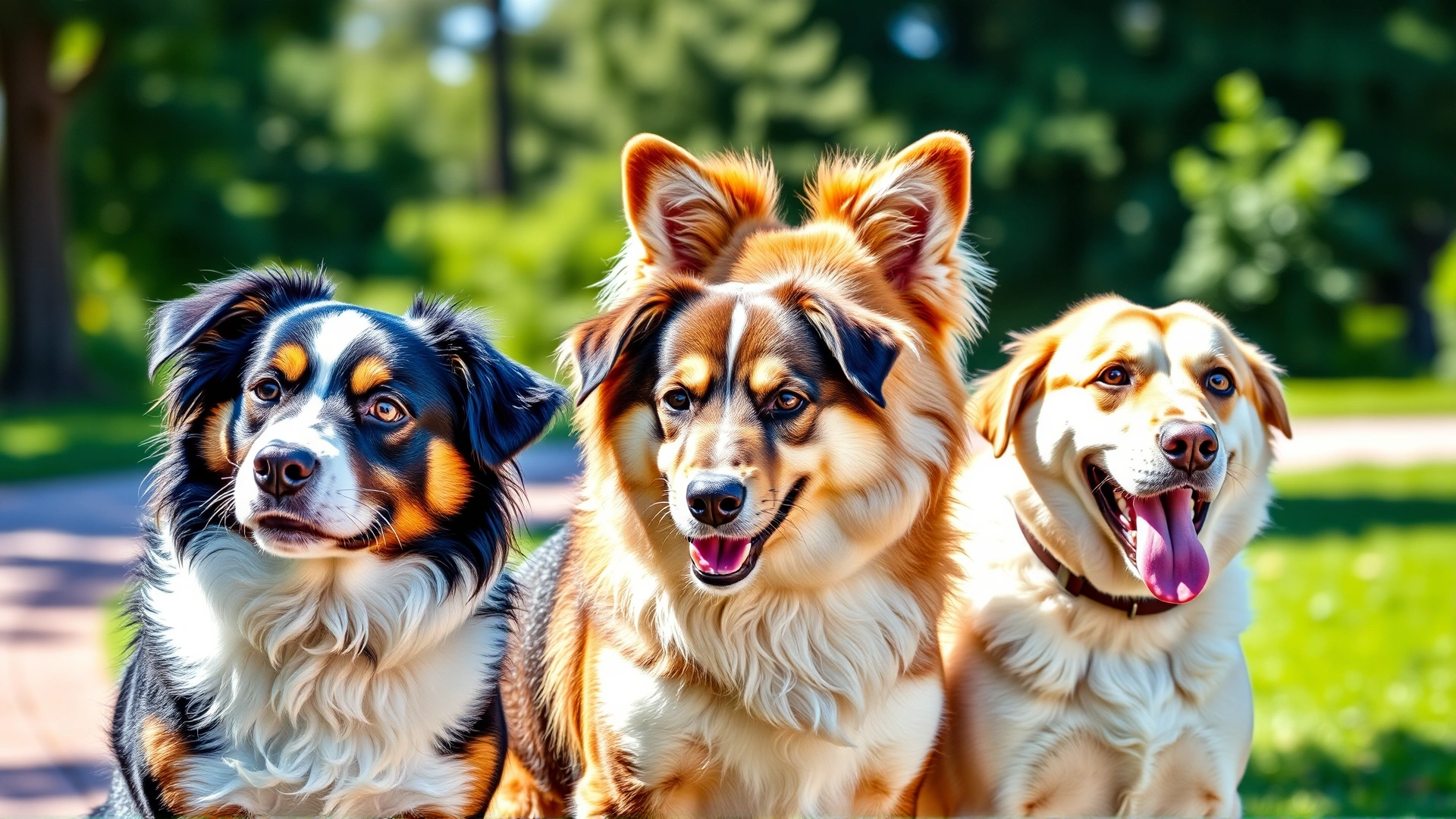 Three different dog breeds of various sizes standing side by side outdoors on a sunny day