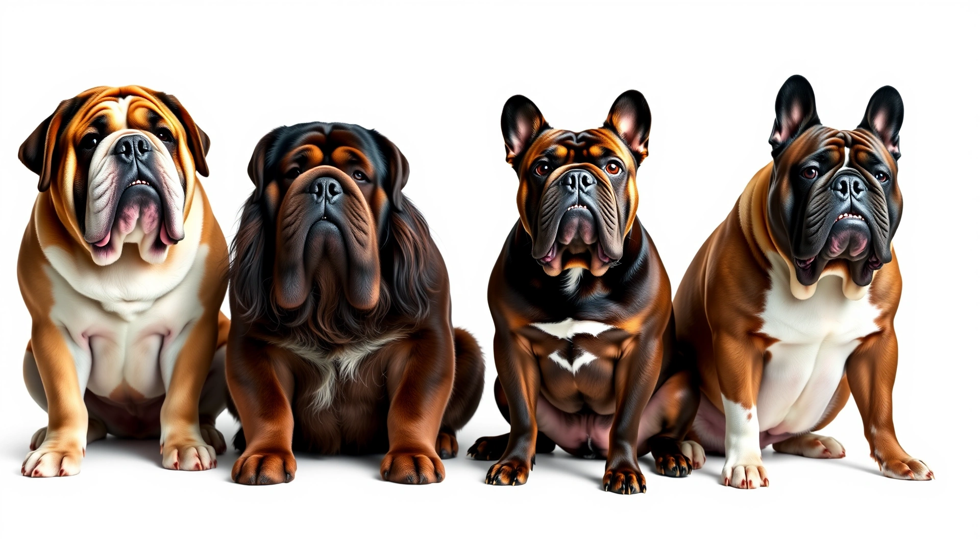 Line-up of five drool-prone dog breeds (Saint Bernard, English Bulldog, Newfoundland, Neapolitan Mastiff, French Bulldog) sitting side by side against a seamless white studio backdrop.