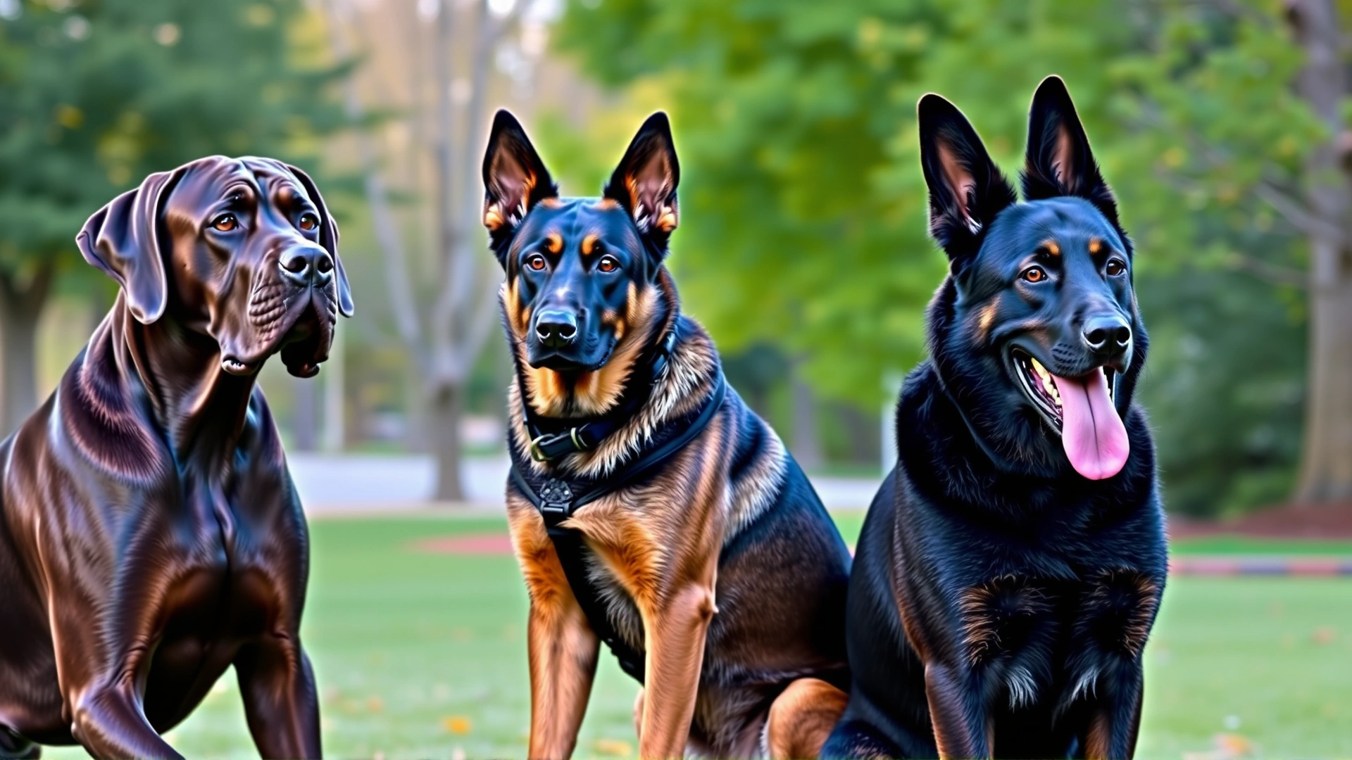 Portrait of three large, deep-chested dog breeds (Great Dane, Doberman Pinscher, German Shepherd) sitting side by side in an outdoor park, illustrating size comparison and breed predisposition to GDV