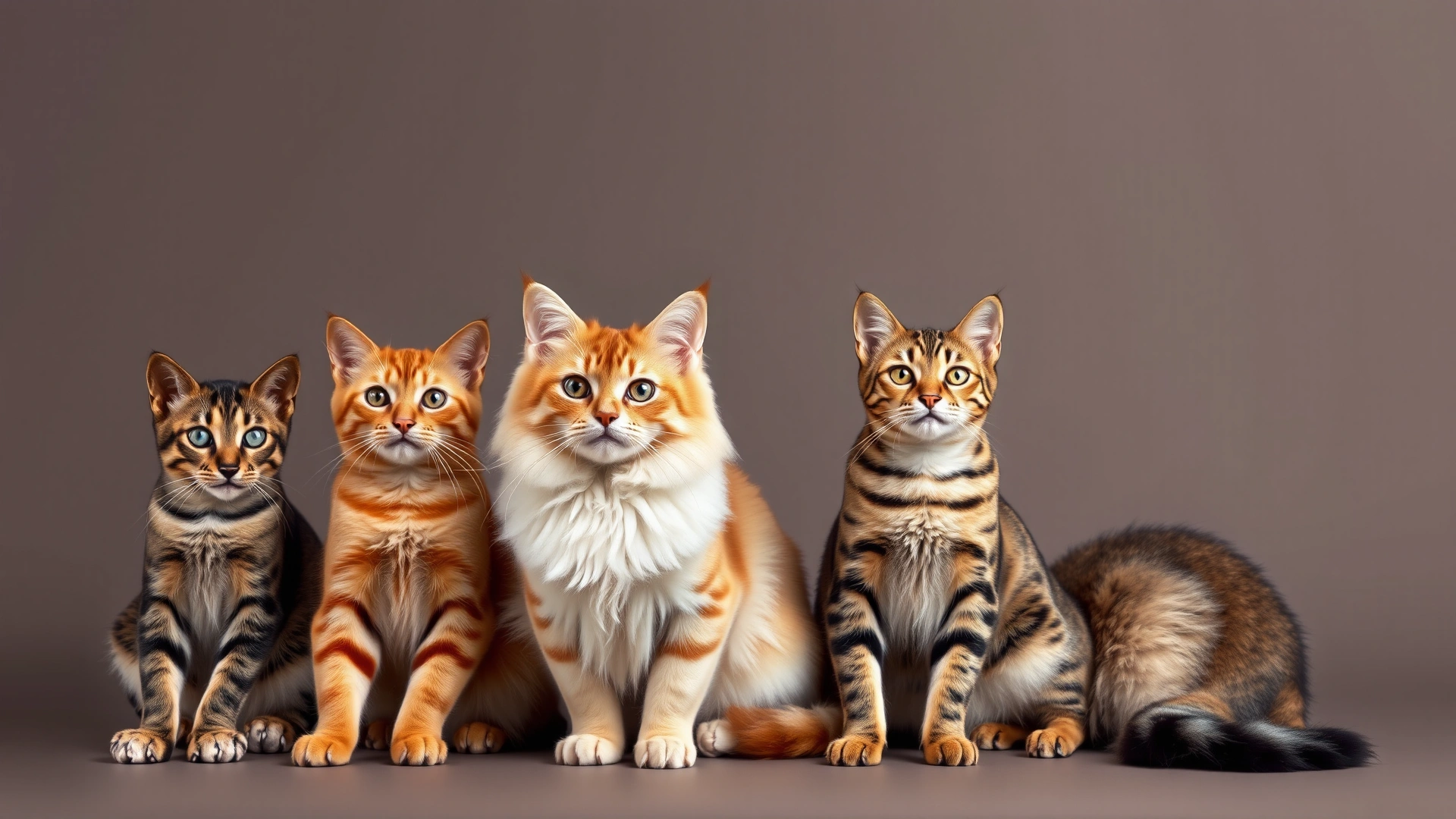 Row of four cats from different breeds (Abyssinian, Somali, Bengal, Egyptian Mau) sitting against a neutral studio background