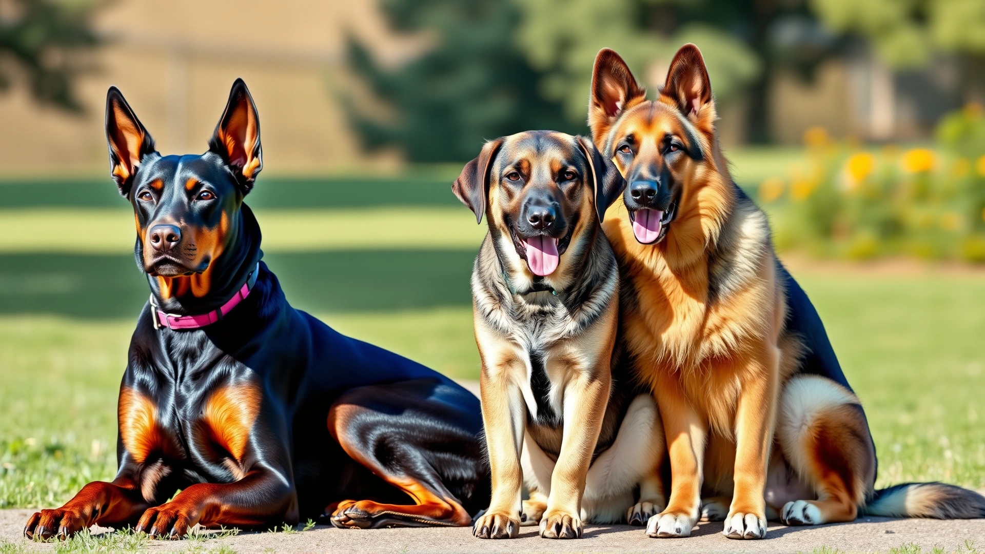 Collage-style image showing a Doberman Pinscher, Labrador Retriever, and German Shepherd sitting side by side outdoors, vibrant daylight, breeds clearly visible, no text
