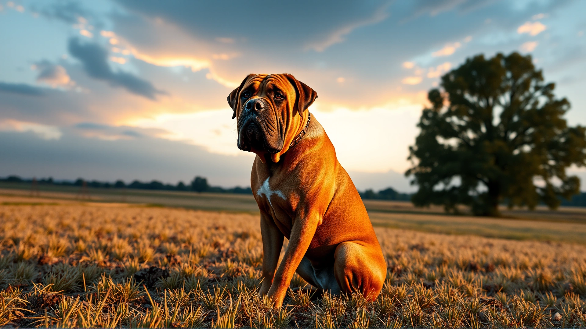 Wide-angle shot of a majestic adult Boerboel sitting in an open farm field at sunrise, soft golden light highlighting its muscular frame