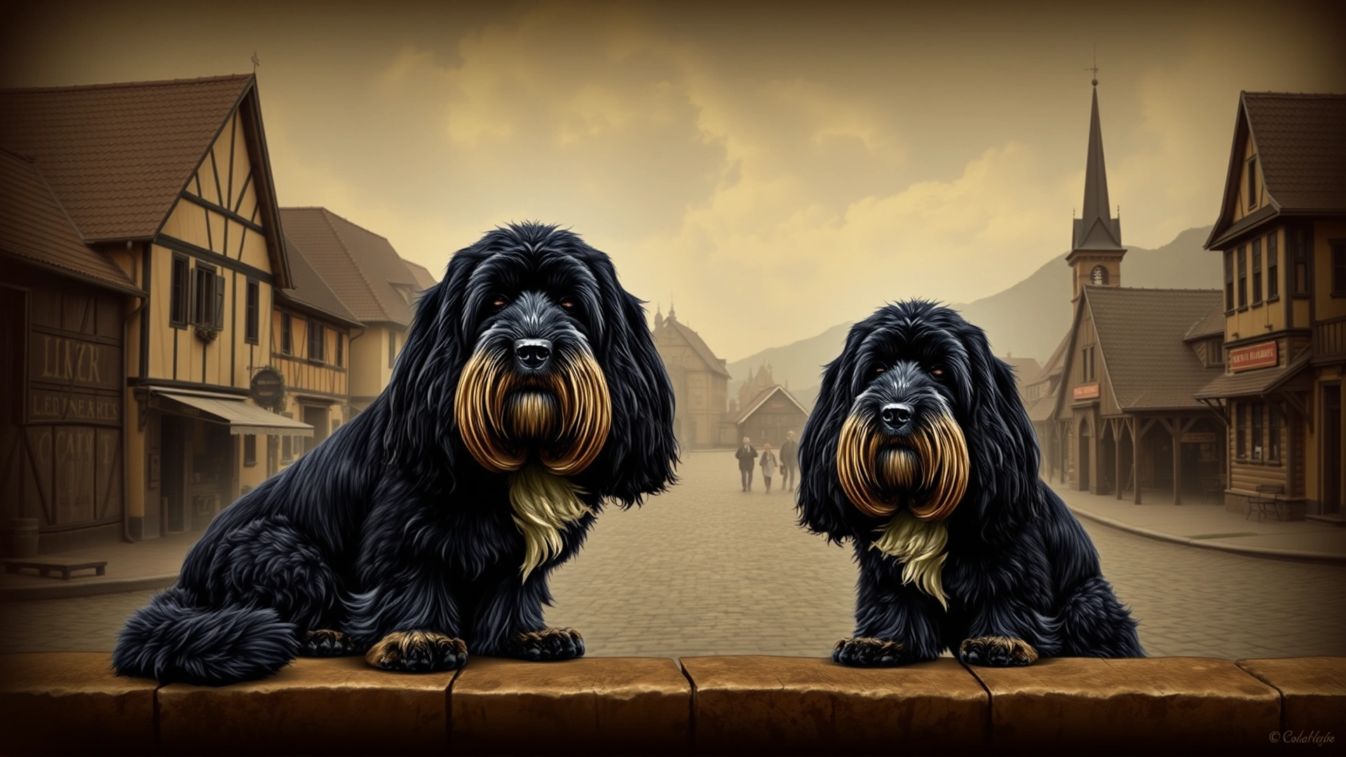 Vintage-styled illustration showing three Leonbergers alongside a 19th-century German town backdrop, evoking the breed's origin