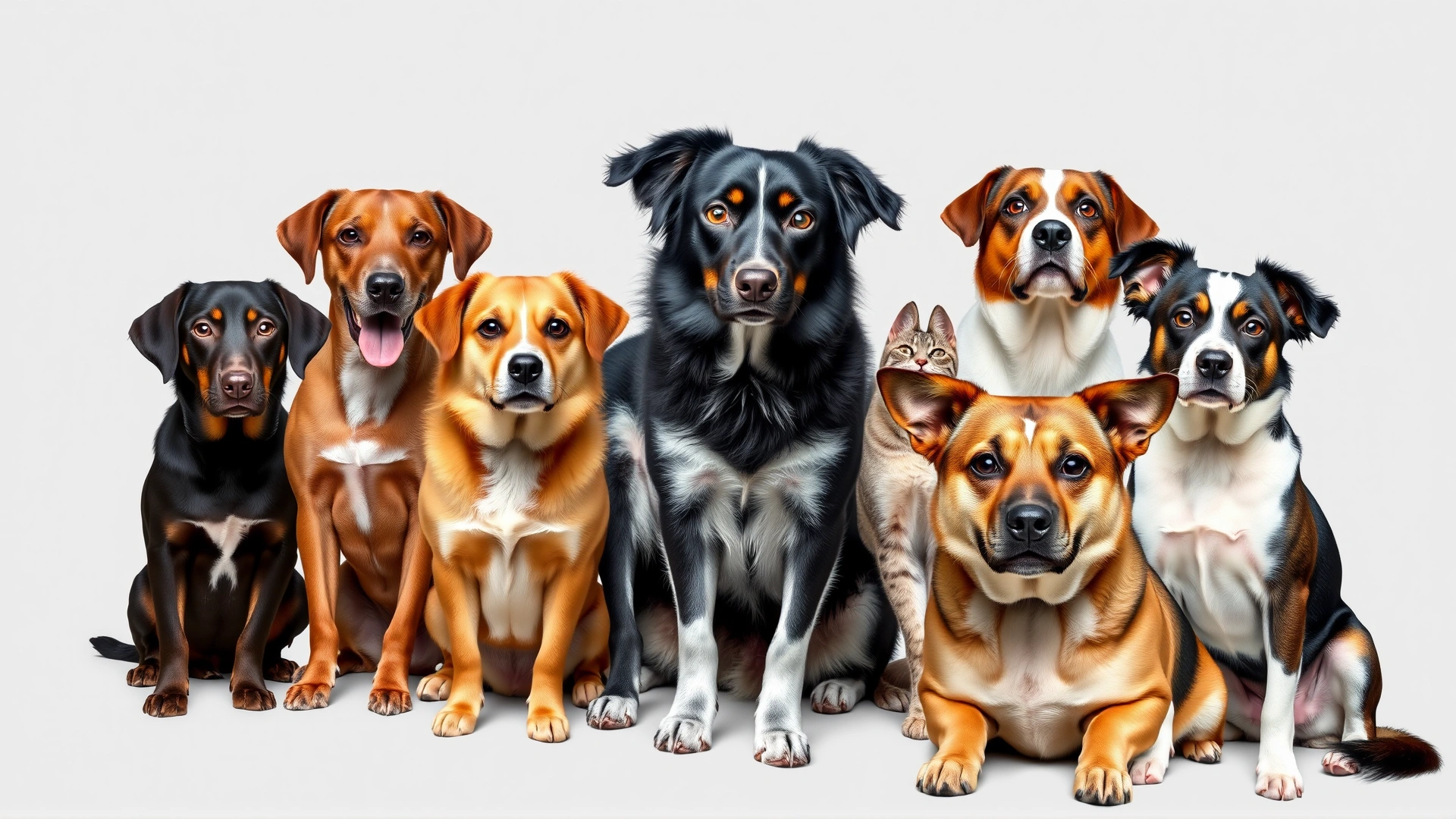 Collage of different dog breeds sitting side by side against a neutral background, each with distinct features, studio lighting