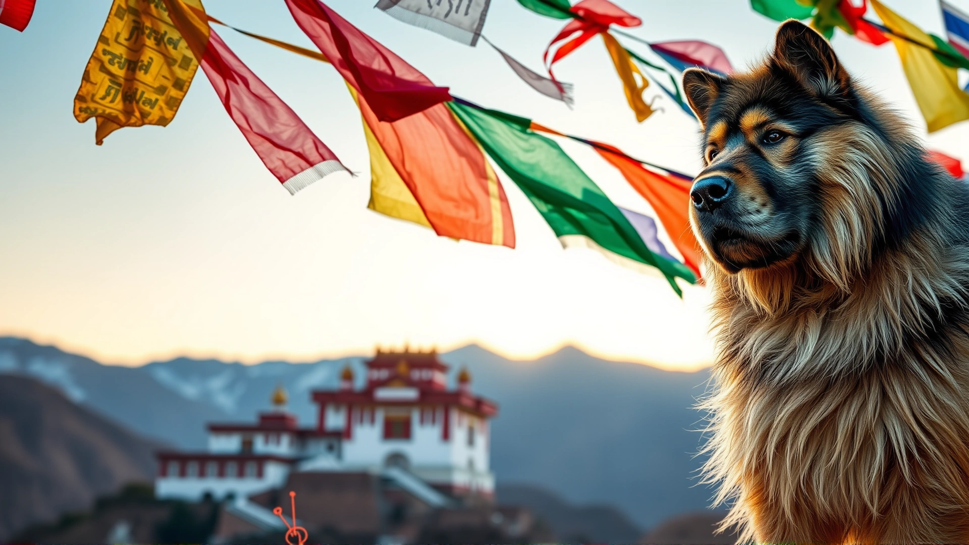 Tibetan Mastiff standing beside colorful Tibetan prayer flags with an ancient monastery in the background at dawn.