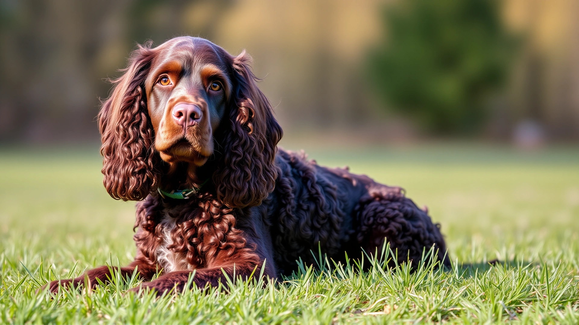 A well-groomed American Water Spaniel sitting on a grassy field, looking at the camera, showcasing its curly chocolate coat, bright daylight.