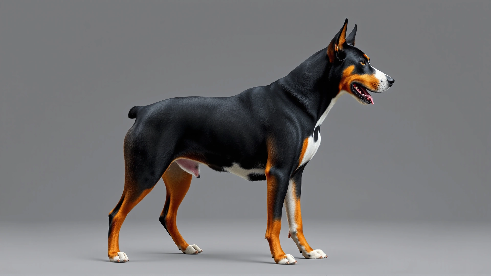 Full-body side profile of a tri-colored Entlebucher Mountain Dog standing on a neutral gray background, clearly showing coat markings and muscular build.