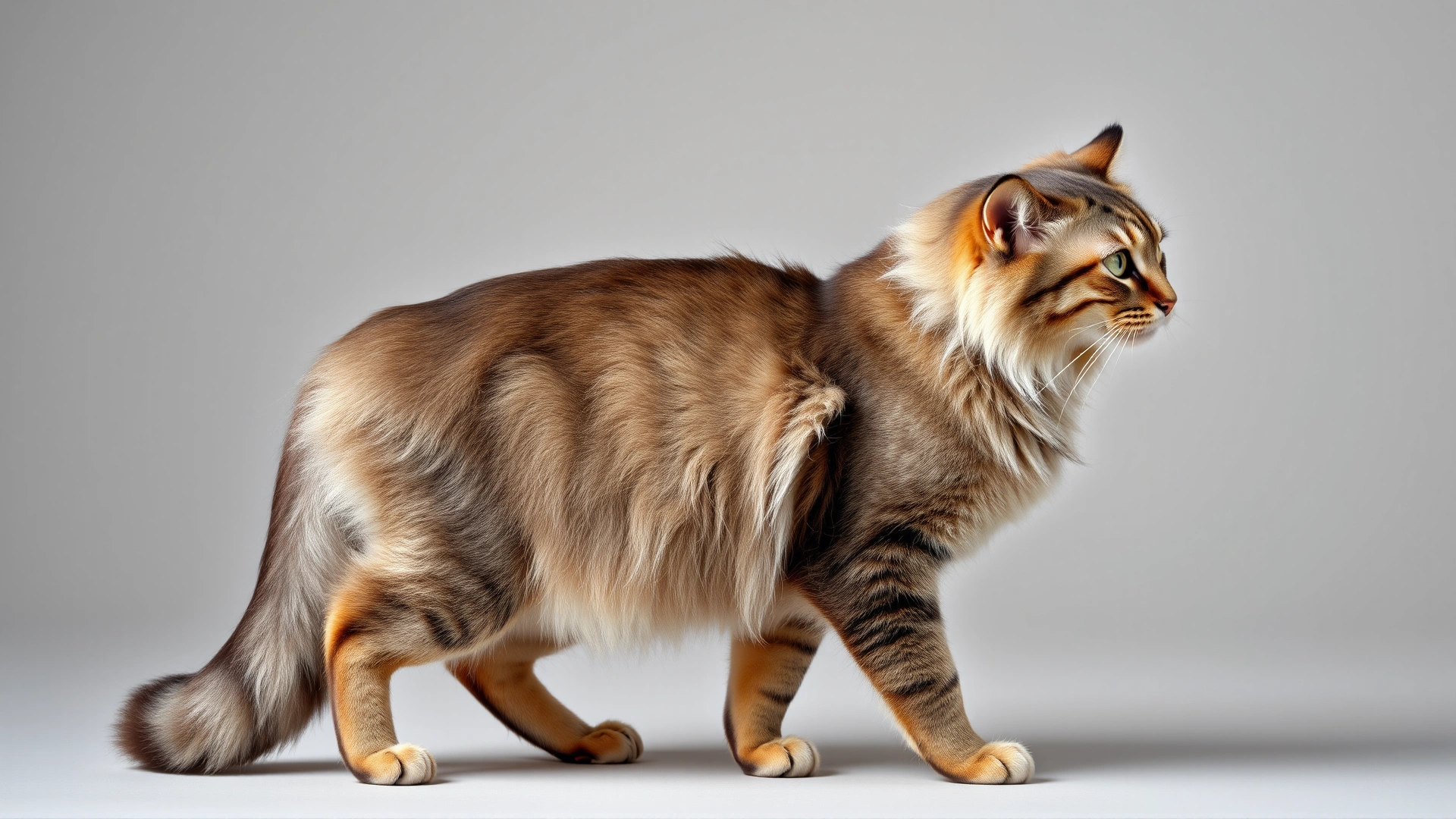 Beautiful Kashmir cat standing on a neutral studio background, full body profile showcasing its silky long fur