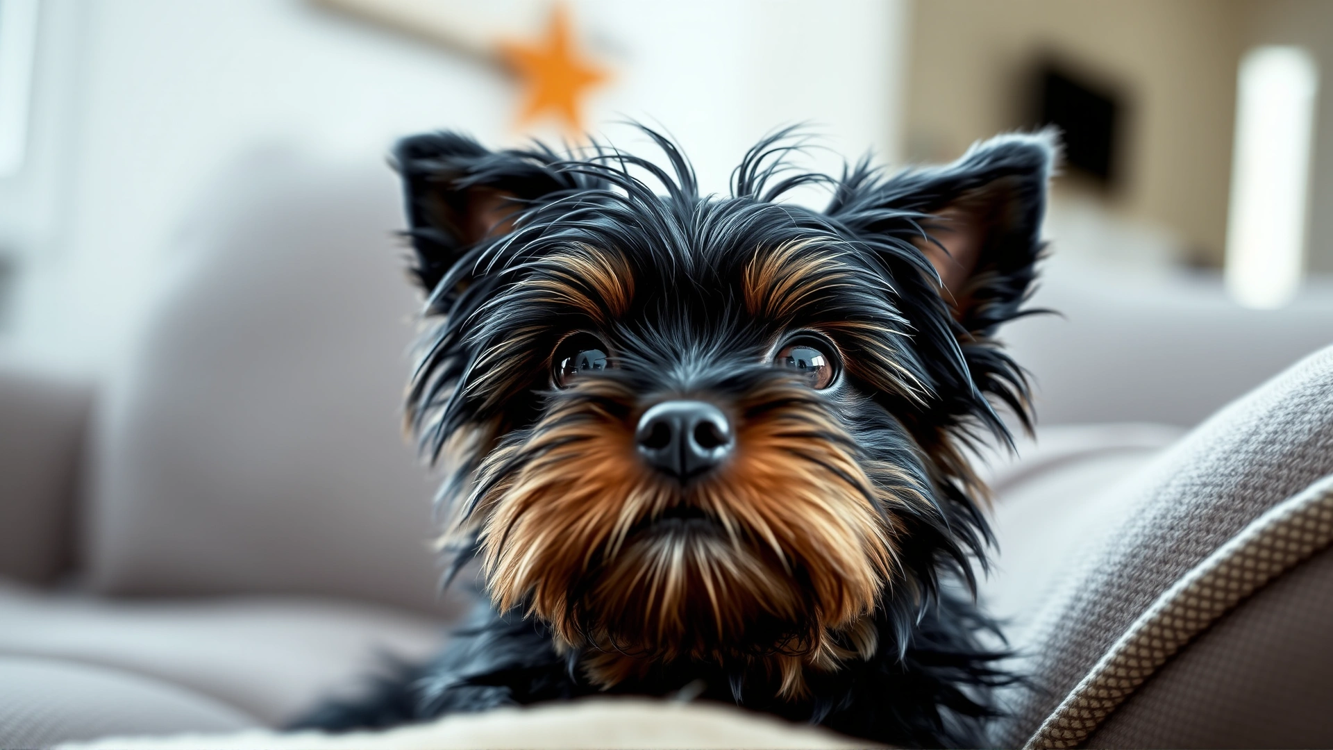 Close-up portrait of an Affenpinscher sitting on a cozy sofa, showing its expressive monkey-like face and wiry coat in natural indoor light.