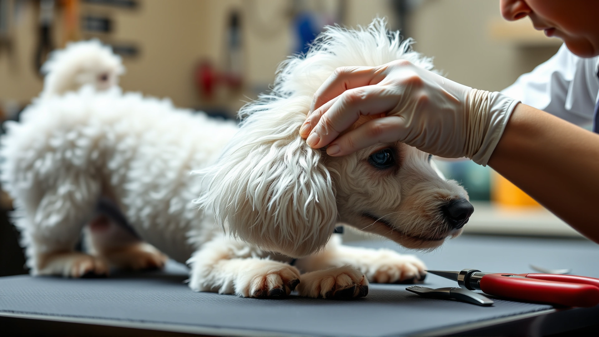 A groomer trimming excess hair from a white Poodle's ear canal on a grooming table, with tools blurred in the background.