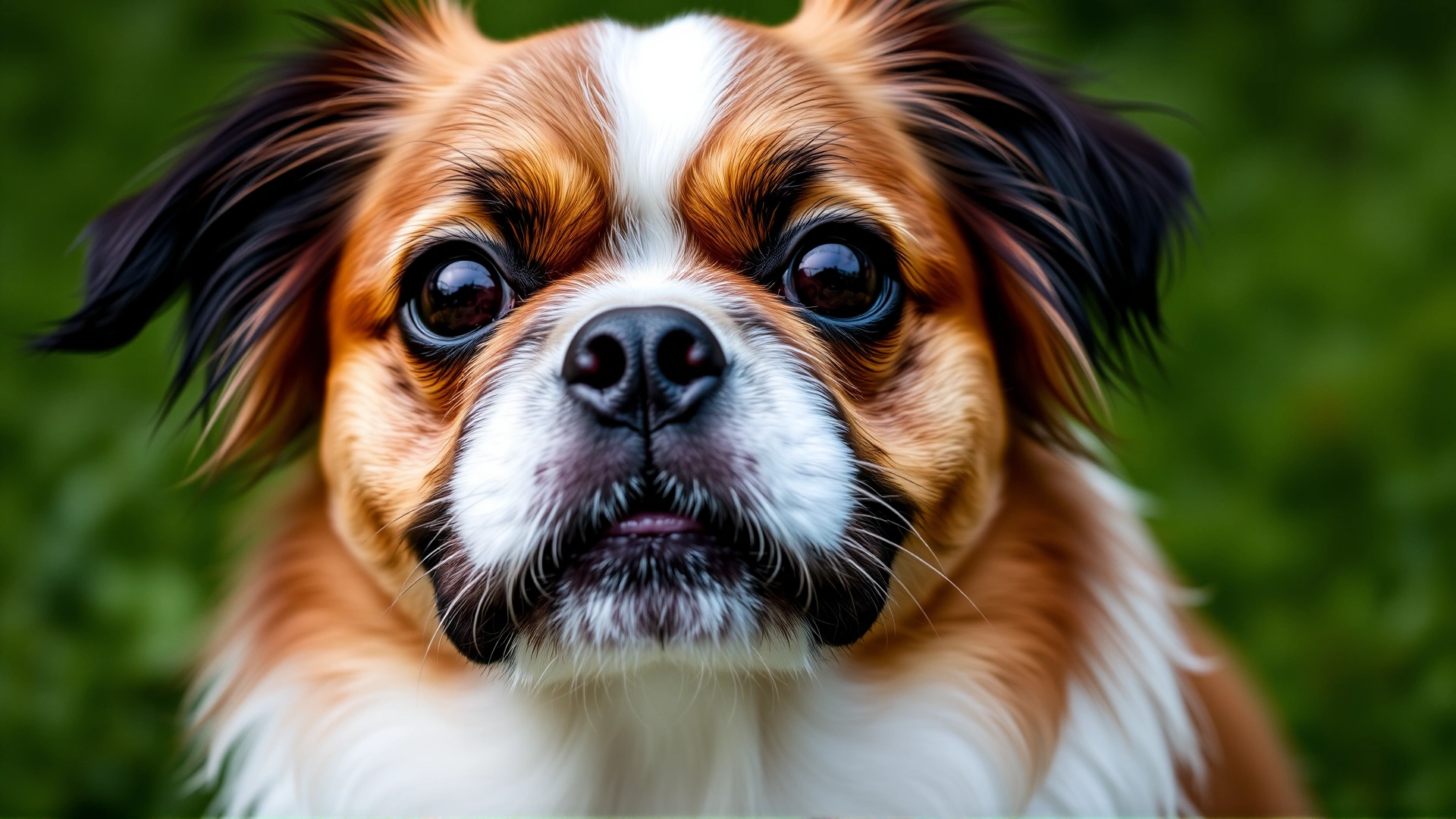 Close-up outdoor portrait of a Japanese Chin with a lush green background, showcasing its large dark eyes and silky coat