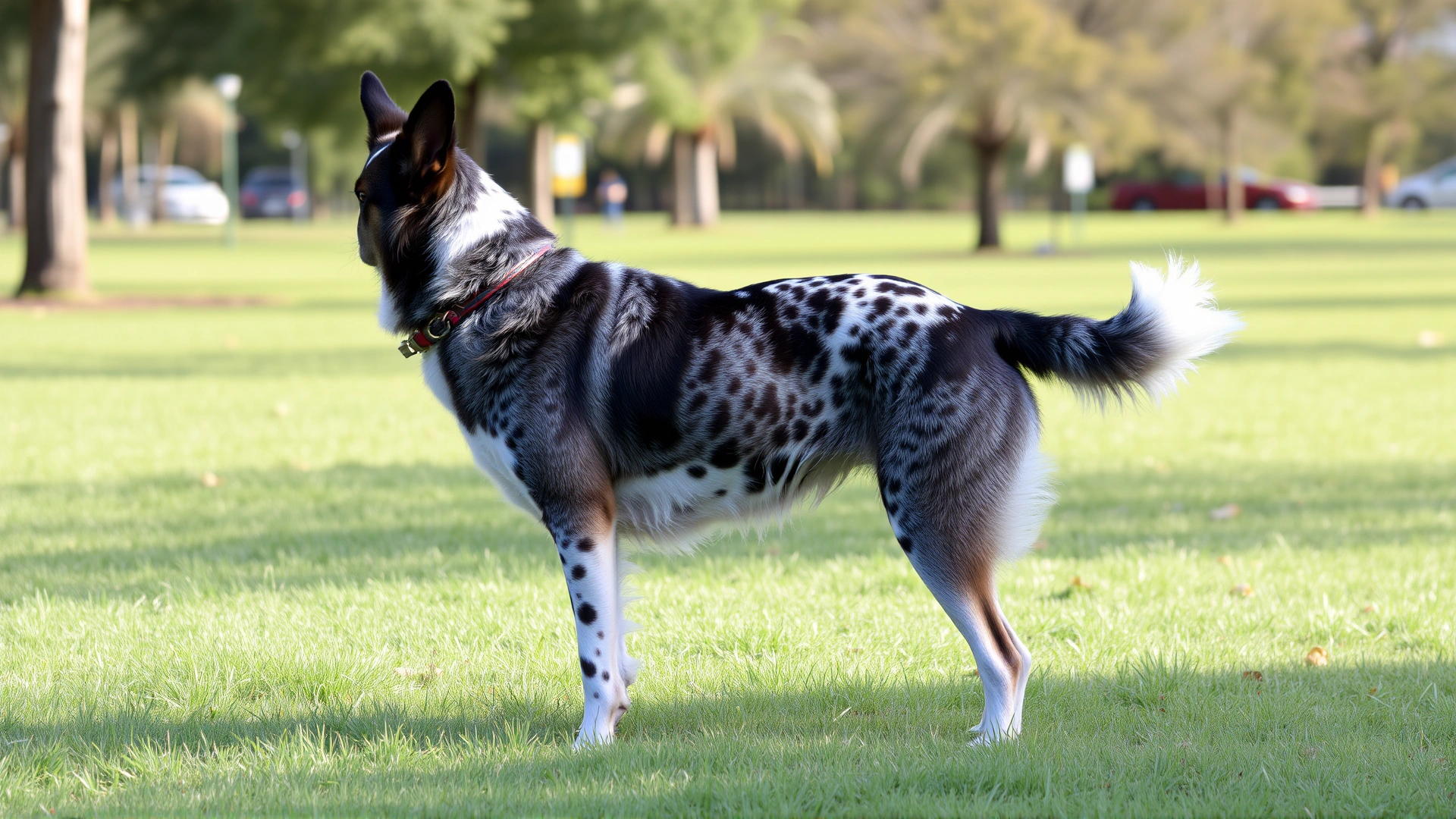 Friendly adult Texas Heeler standing side profile in a grassy park, clear daylight, showcasing coat pattern and physique