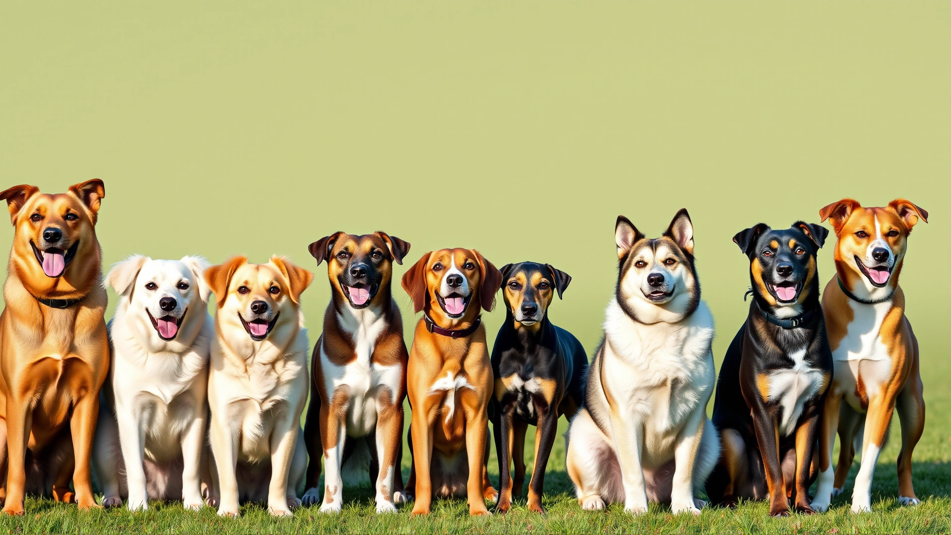 Line-up of diverse dog breeds of different sizes and coat types standing on grass in daylight, showcasing variety
