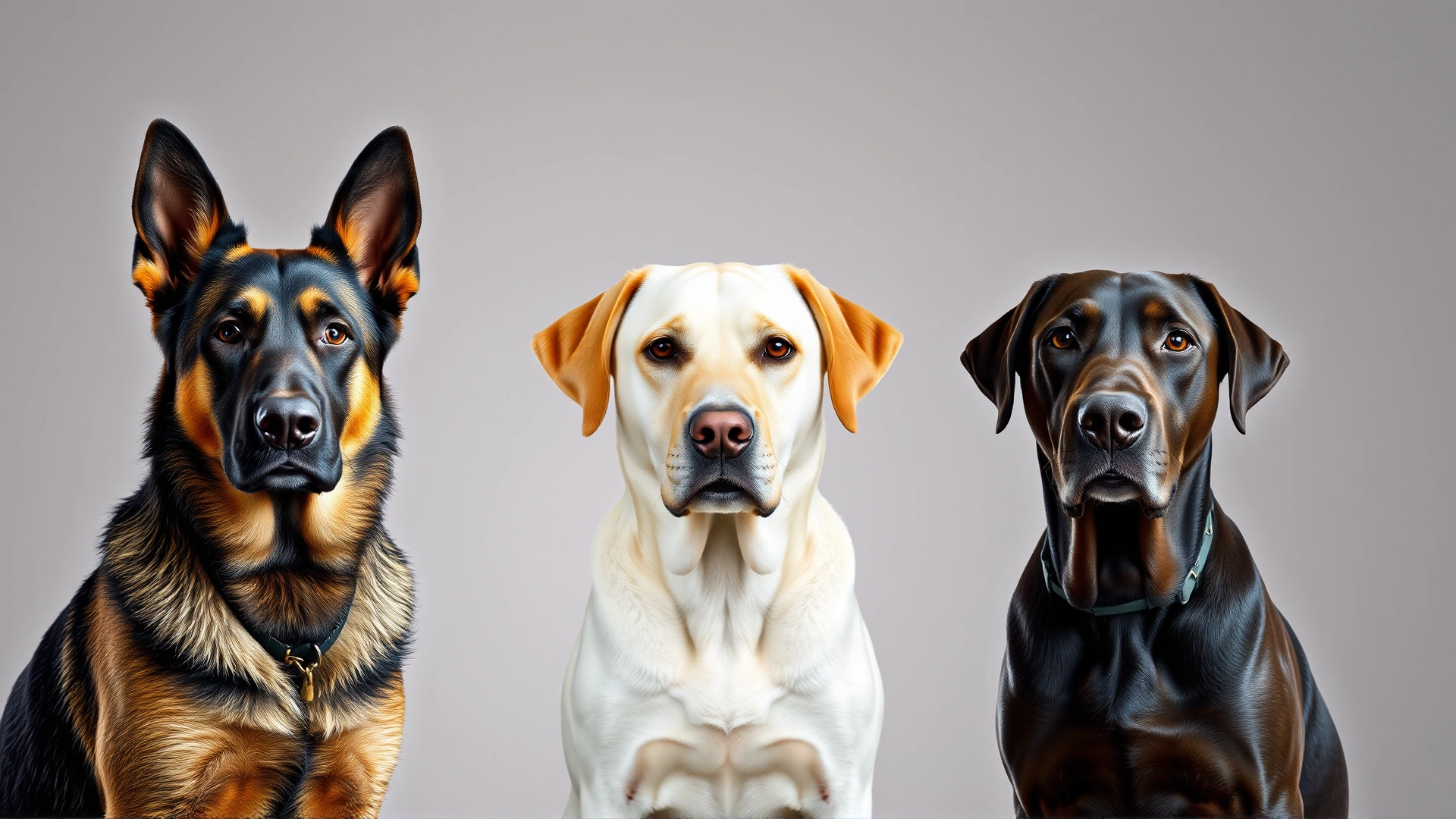 Collage-style image with three distinct purebred dogs (German Shepherd, Doberman, Labrador) sitting side by side on a neutral backdrop, studio lighting.