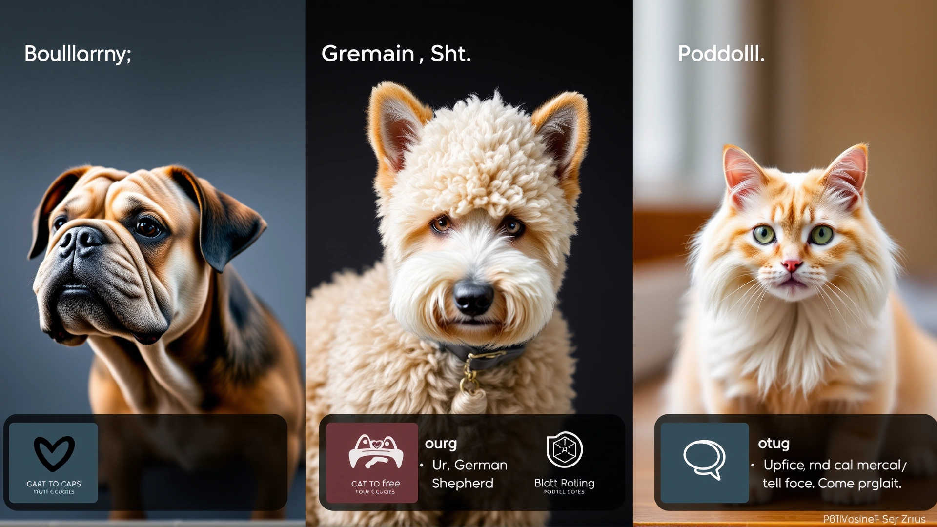 Portrait grid showing three different dog breeds (Bulldog, German Shepherd, Poodle) and one cat breed (Ragdoll) side by side, each with subtle text-free icons indicating health considerations.