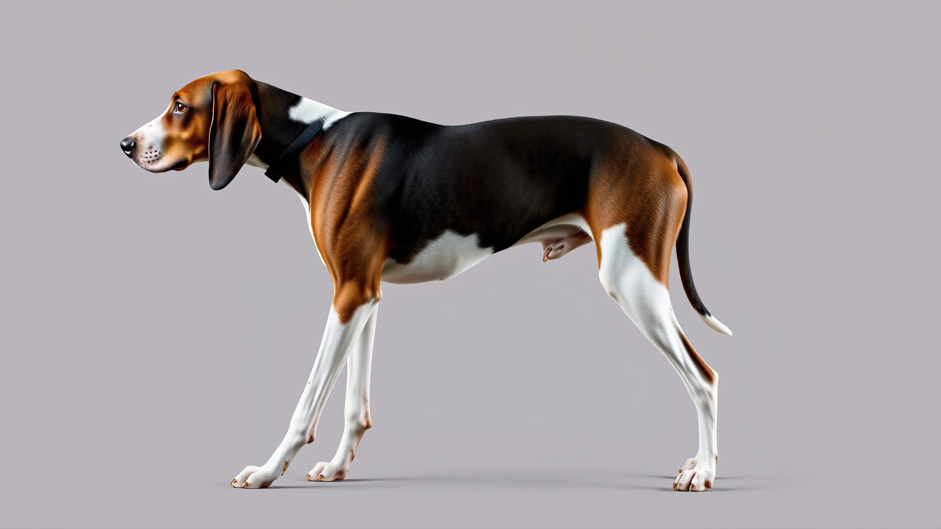 Profile view of an adult Treeing Walker Coonhound in a show stack position on a neutral background, clearly displaying body proportions and tricolor coat.