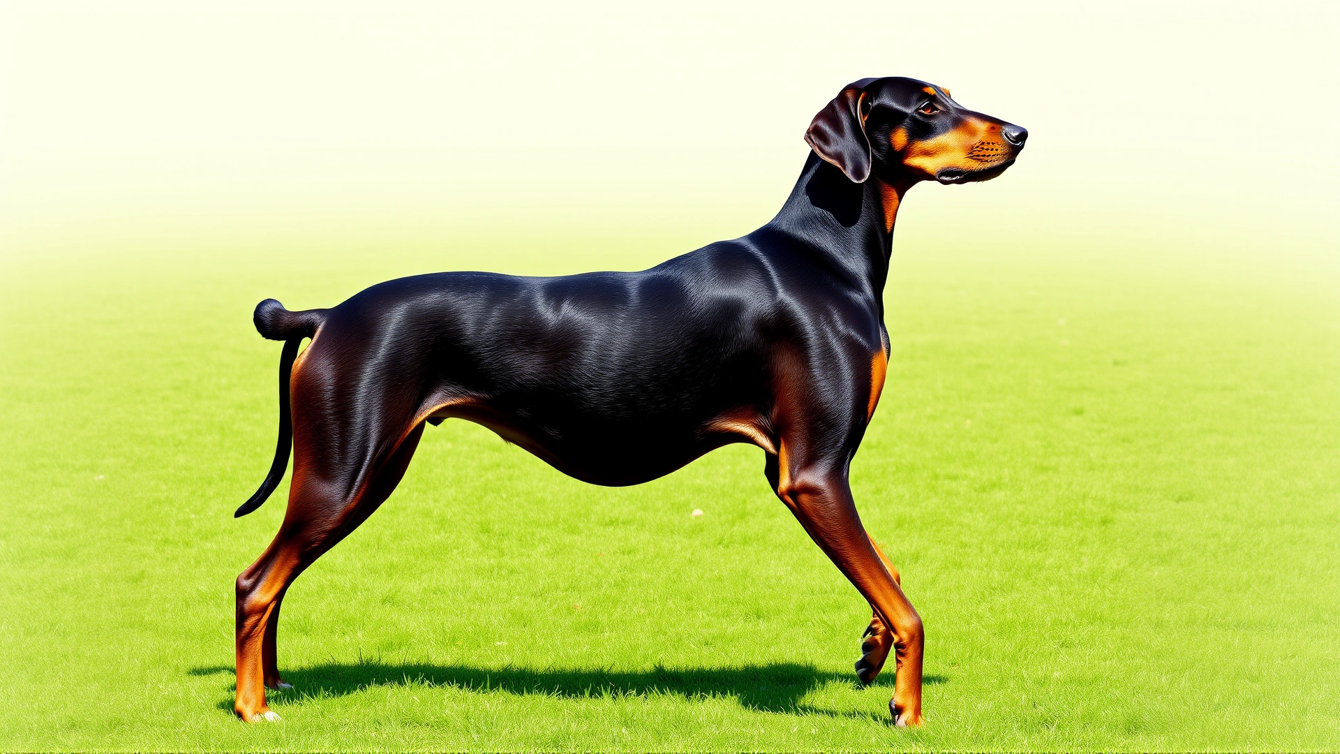 A full-body side profile of an adult Black and Tan Coonhound standing in show stance on lush green grass, clear daylight highlighting muscular build and shiny coat.