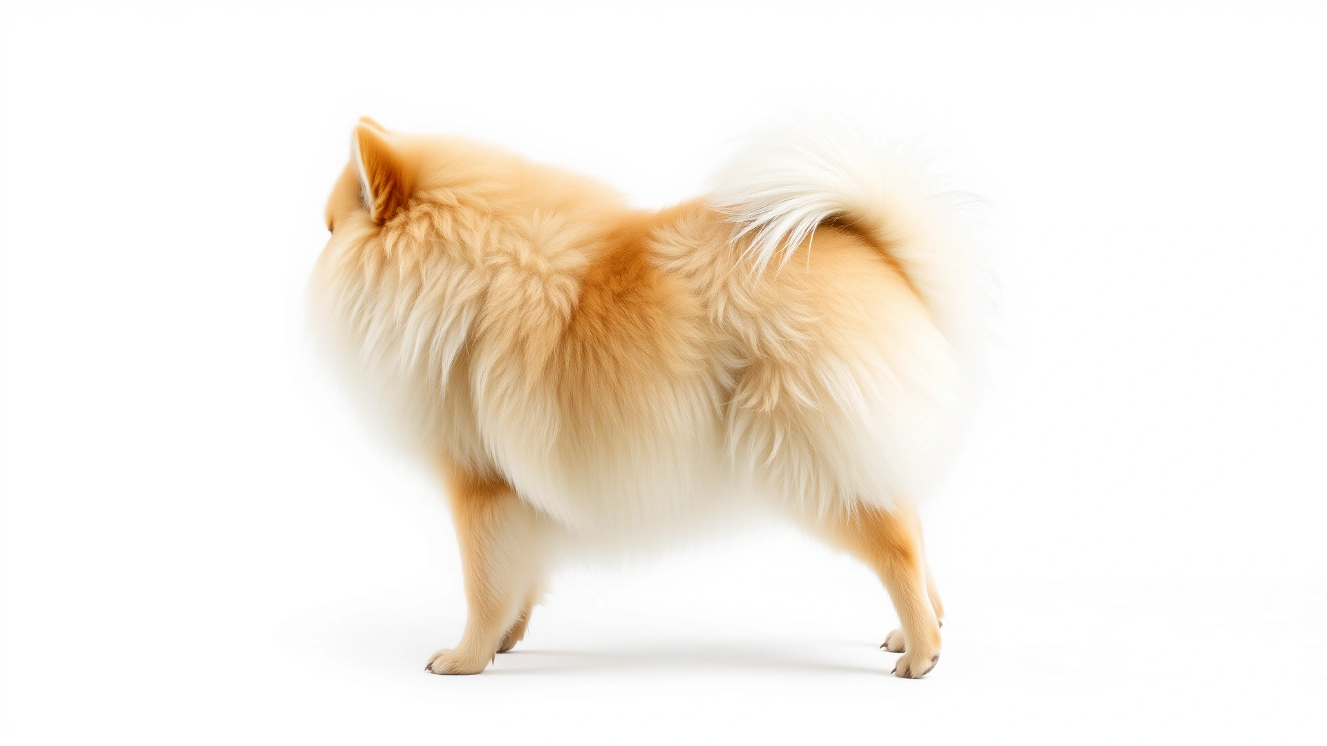 Full-body studio shot of a German Spitz standing on a seamless white background, showcasing its dense double coat and curled tail.