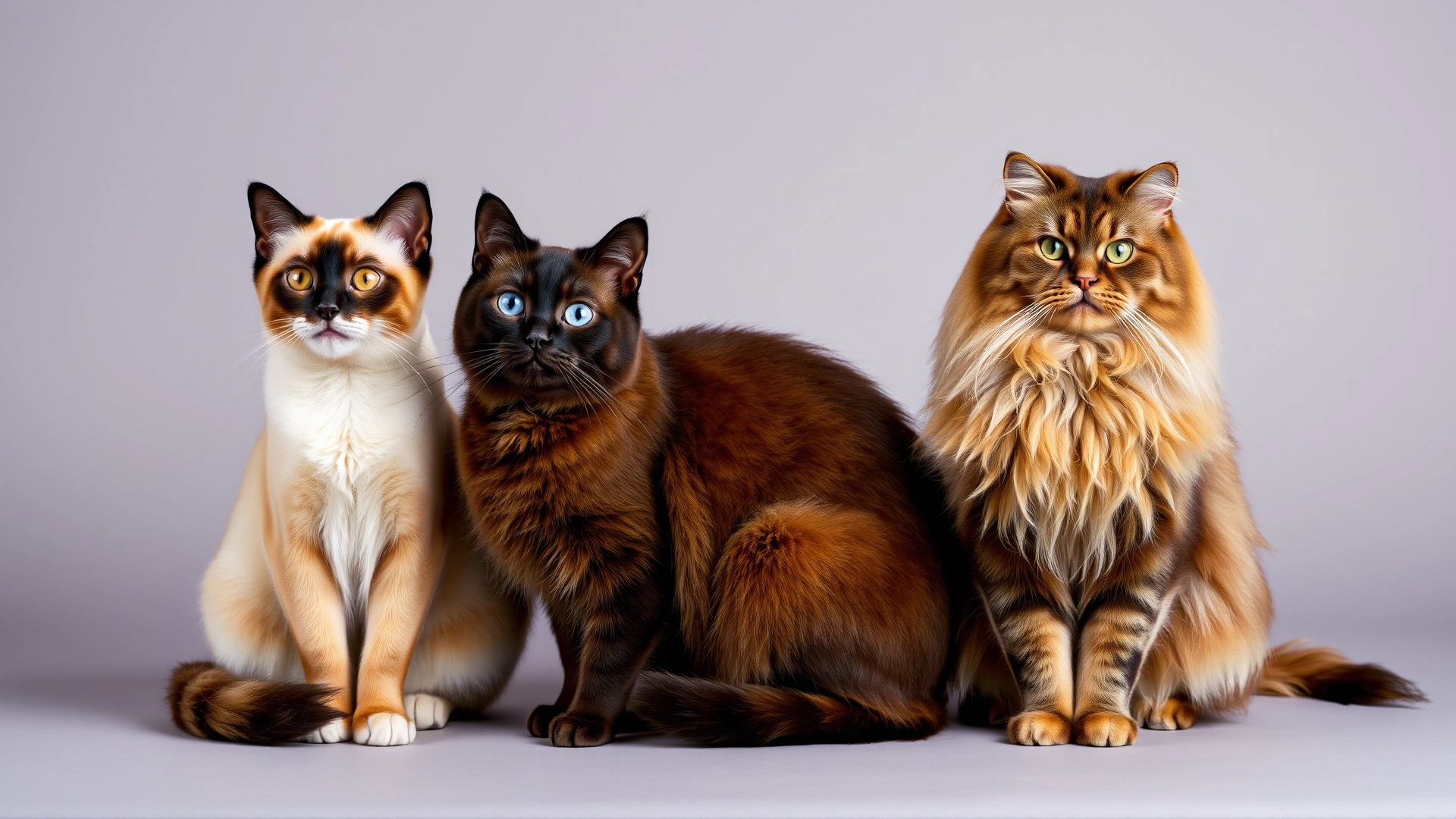 A row of three different cat breeds (Siamese, Ragdoll, and Domestic Longhair) sitting against a neutral studio background, well-lit, sharp focus, no text.