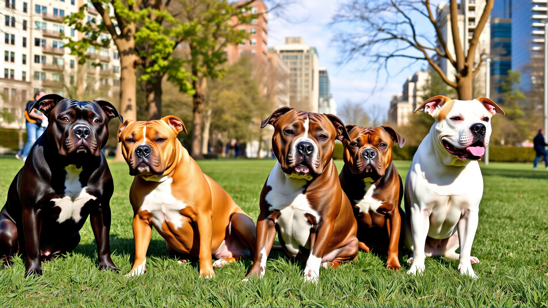 Group of four Pit Bull-type dogs of different sizes and coat colors sitting together on green grass in a city park on a sunny day.