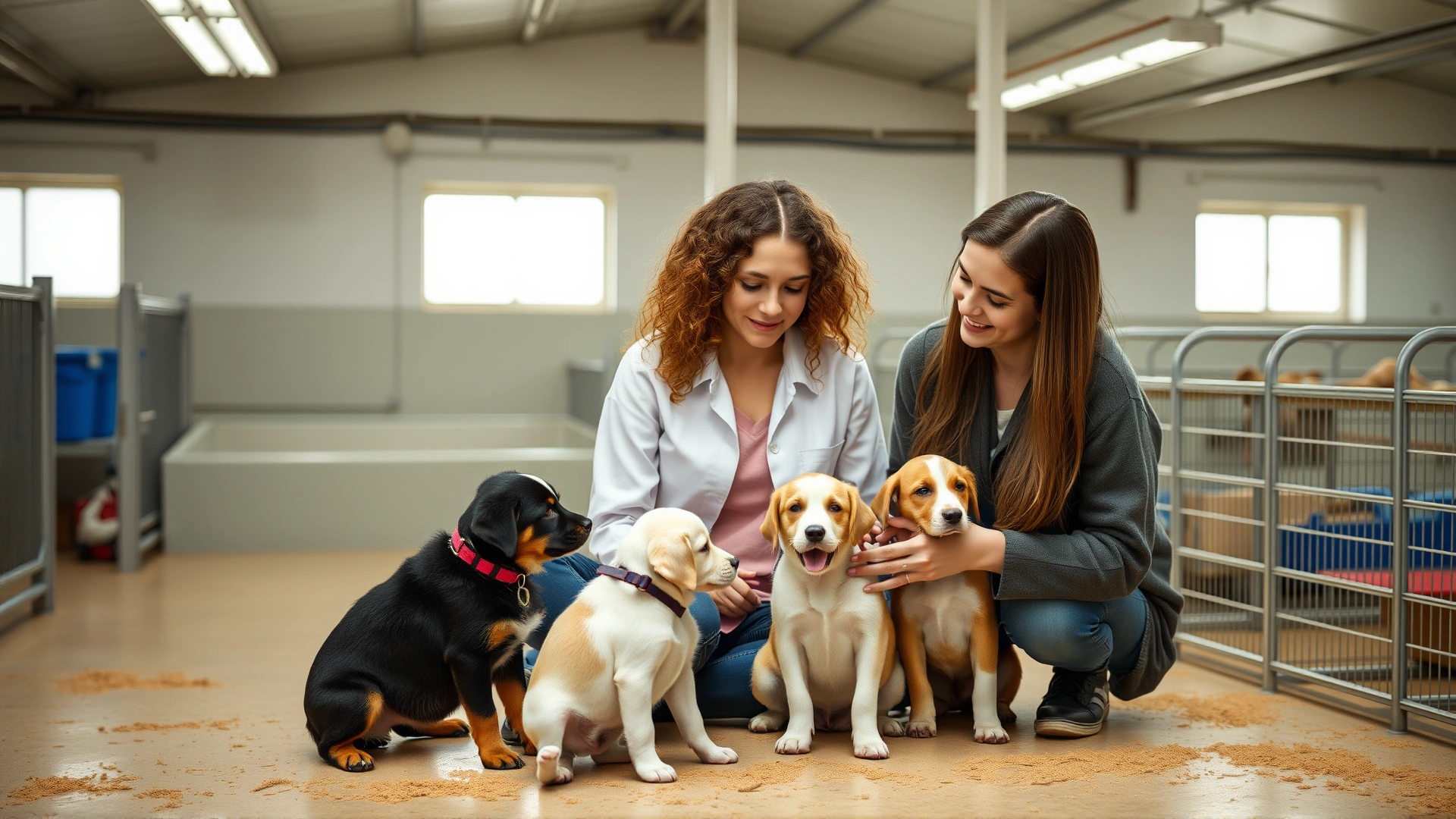 A young couple visiting a dog breeder's clean facility, interacting with puppies under the breeder's supervision, no text.