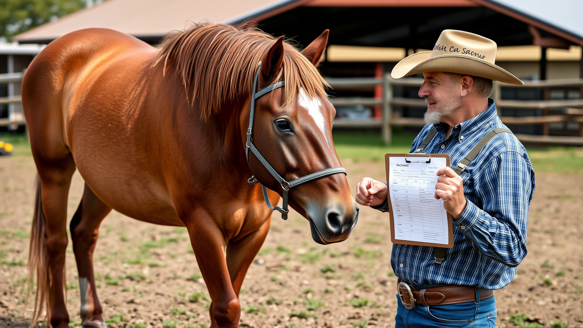 Rancher standing between a stallion and a mare in a paddock while pointing to a clipboard with breeding records, emphasizing responsible breeding decisions