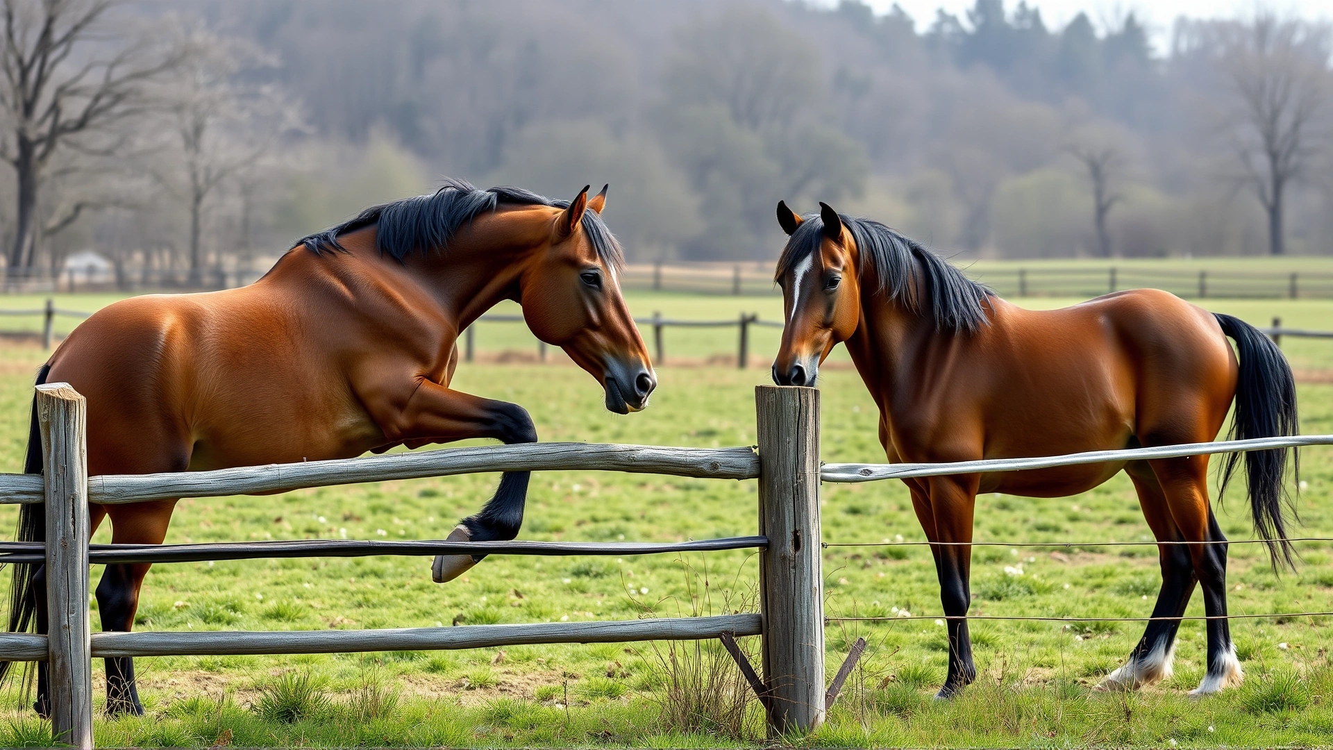 Breeding farm paddock with a Knabstrupper stallion interacting over a fence with a mare, spring scenery