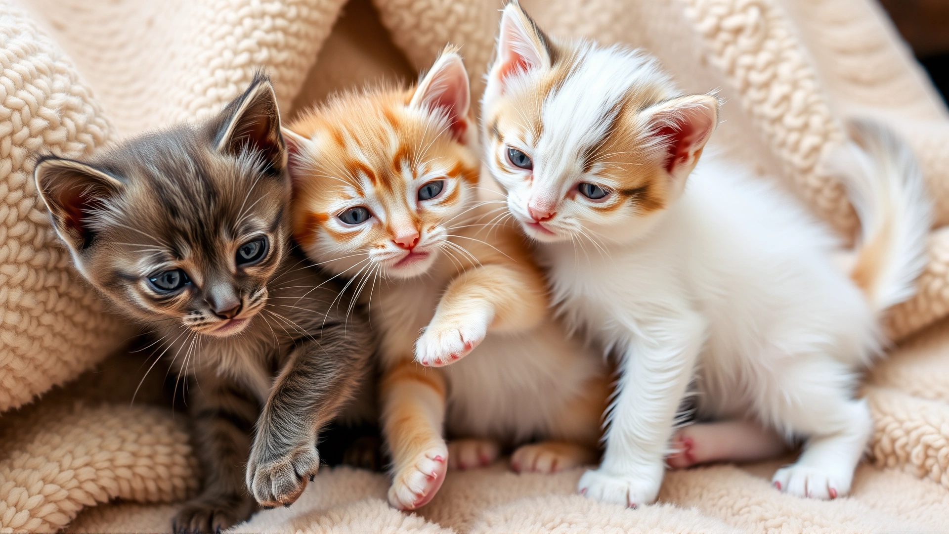 Collage-style photo showing three small kittens of different coat colors, playfully interacting on a soft blanket, symbolizing selective breeding methods without text.