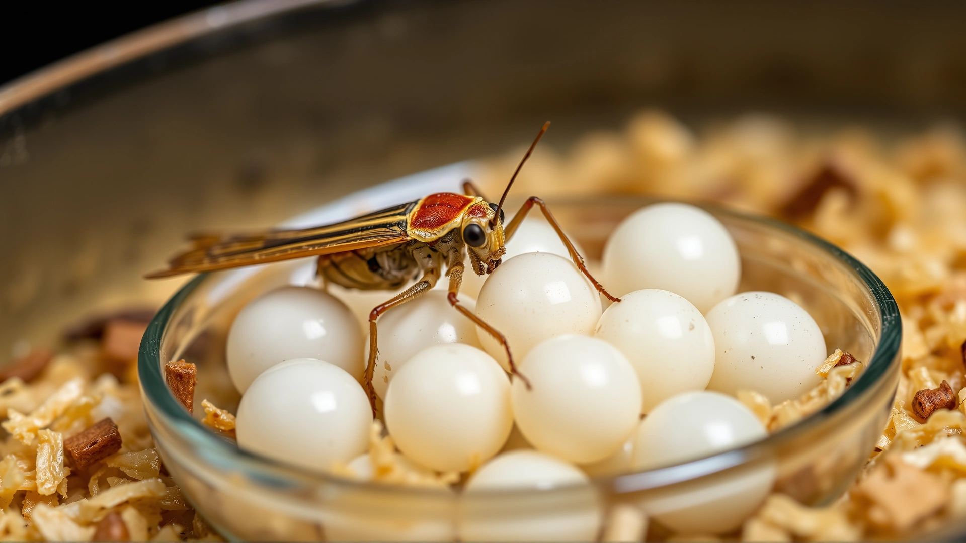 Macro close-up of a female cricket depositing eggs into a shallow dish filled with moist vermiculite, high-resolution