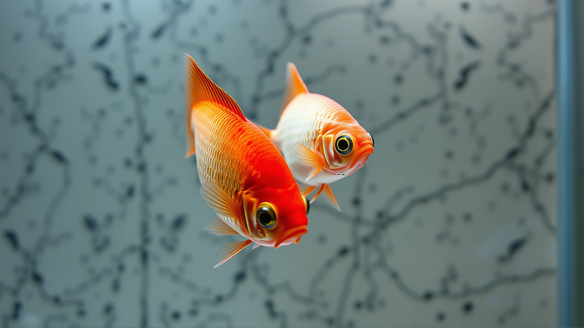 Pair of cherry barbs hovering above a marble-covered spawning substrate in a separate breeding tank with soft lighting.
