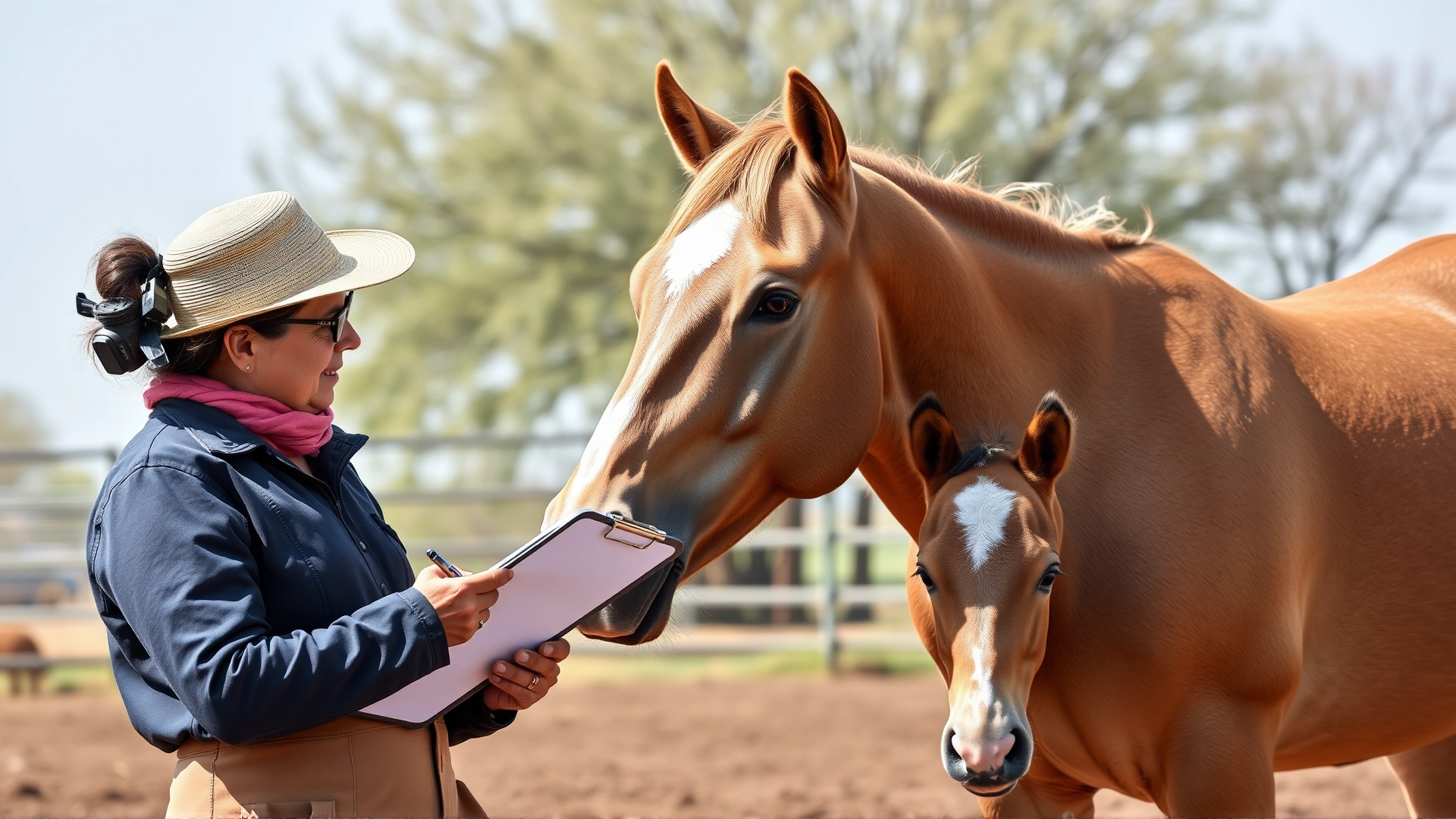 Responsible Arabian horse breeder standing beside a healthy mare and foal in a paddock, showing careful observation and record-keeping on a clipboard.