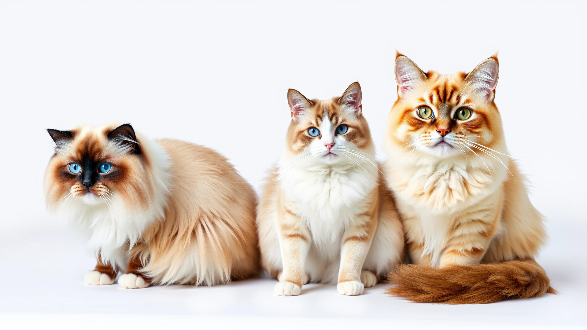 Collage-style image showing three pedigree cats (Persian, Burmese, Ragdoll) sitting side by side on a white seamless backdrop, evenly lit, all looking toward the camera.
