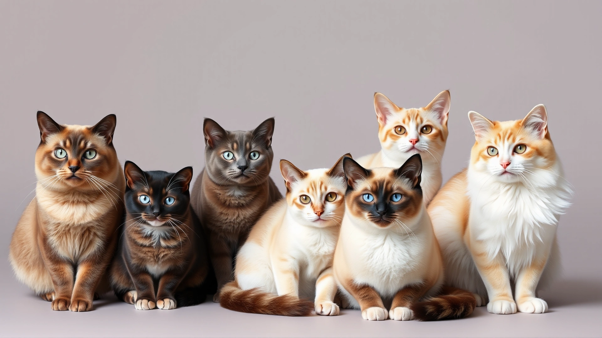 Group photo of various cat breeds sitting together on a neutral background, including Ragdoll, Siamese, and Domestic Shorthair cats.
