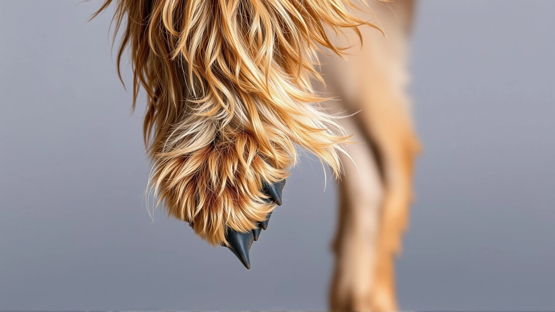 Close-up of a Briard’s hind leg showing distinctive double dewclaws against a neutral background, macro detail, no text