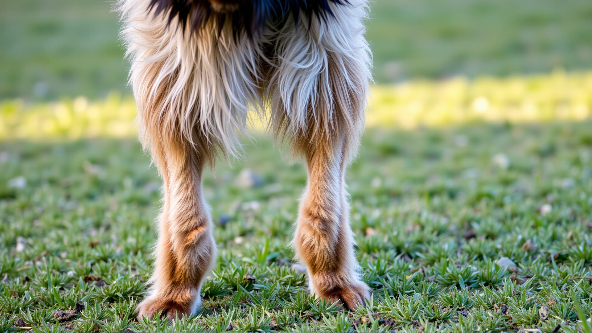 Full-body shot of a Briard dog standing still, showing its hind legs with double dewclaws, outdoor grassy setting, daylight